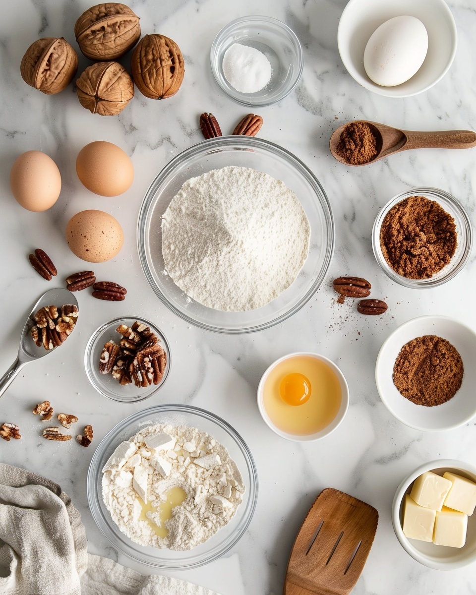 Large white rectangular baking tray filled with freshly baked pecan cookies, each golden brown cookie topped with a whole pecan and sprinkled with crushed pecans and a light dusting of coarse sugar, arranged closely together showcasing the entire batch on a rustic baking sheet, shot from a 3/4 angle on a white marble countertop with natural lighting, styled as a hero food magazine photo taken with an iphone --ar 4:5 --v 7