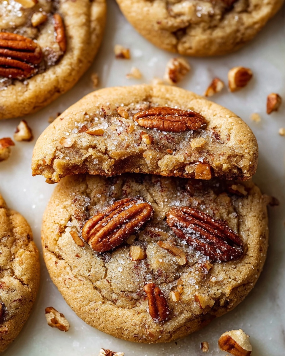 Single white plate holding one pecan cookie cookie, split open to reveal the soft, chewy, nut-studded interior texture, golden brown edges with a sprinkle of coarse sugar crystals on top, whole pecan halves and chopped pecan pieces decorating the surface, close-up angled view to highlight the crumbly yet tender inside, placed on white marble background with natural lighting, styled like a food blog serving photo taken with an iphone --ar 4:5 --v 7