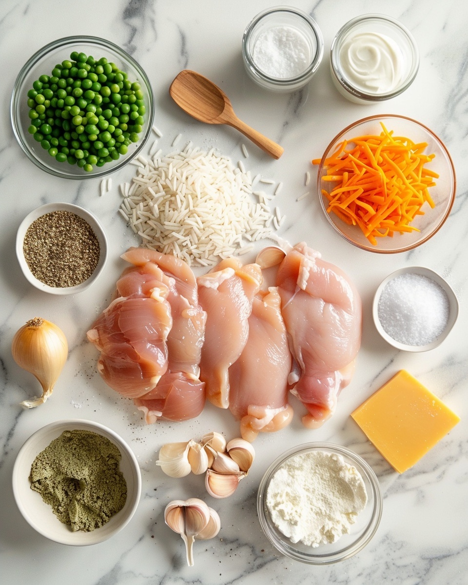 Large white serving bowl filled with creamy chicken and rice casserole, featuring tender chunks of browned chicken, fluffy rice mixed with melted cheddar cheese, peas, carrots, and finely chopped herbs, garnished with freshly ground black pepper and parsley, photographed from a 3/4 angle on a white marble background with natural lighting, styled as a professional food magazine hero shot, whole dish in frame photo taken with an iphone --ar 4:5 --v 7
