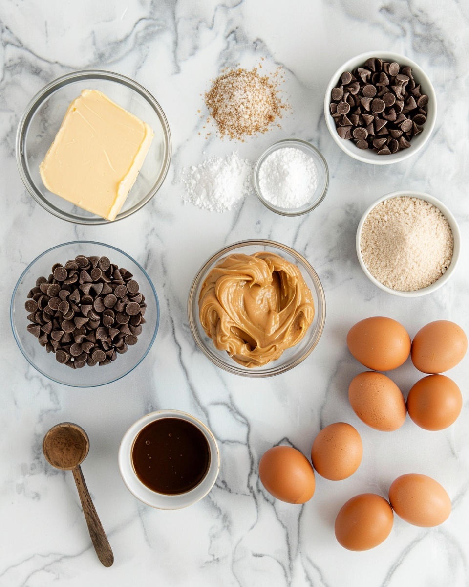 Multiple white serving plates arranged with clusters of round chocolate-covered peanut butter bites, each perfectly smooth with glossy dark chocolate coating and visible creamy peanut butter tops, one plate features a full view of a whole batch of these bite-sized treats, surrounded by scattered dark chocolate chips on a white marble countertop, natural light enhancing the rich textures and inviting colors, professional overhead food magazine hero shot, photo taken with an iphone --ar 4:5 --v 7