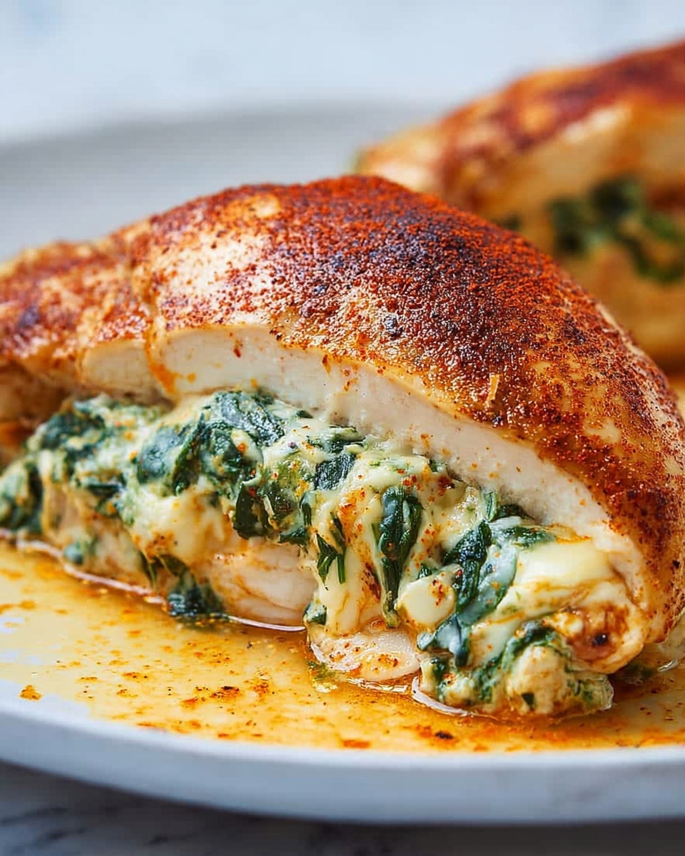 One single stuffed chicken breast portion plated on a white dish, showing a rich cross-section of creamy spinach and melted cheese filling inside tender, golden-browned chicken, sprinkled with smoked paprika on top, natural juices pooling slightly around the base, close-up angled view emphasizing the texture contrast between juicy meat and creamy filling, presented on a white marble surface with soft natural lighting to highlight the freshness and detail, styled as a ready-to-eat gourmet serving, photo taken with an iphone --ar 4:5 --v 7