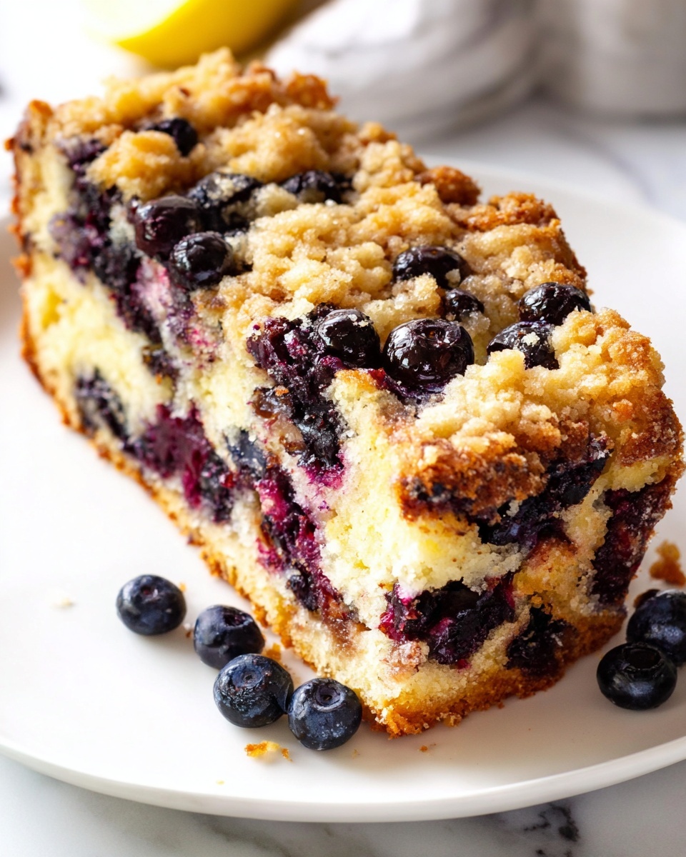 Single white plate with one thick slice of blueberry crumb cake, close-up angle revealing moist, tender crumb interior studded with juicy blueberries and topped with a golden, crumbly streusel layer, slight shine on the berries highlighting freshness, slice positioned to showcase depth and texture, natural lighting accentuating warm tones, set on white marble surface, intimate plated serving photo taken with an iphone --ar 4:5 --v 7