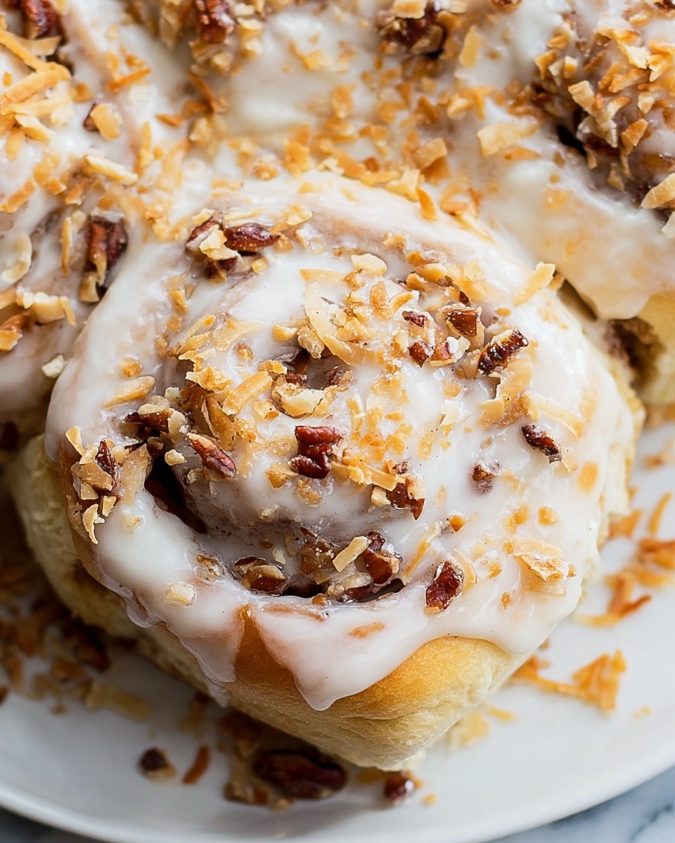 A single white plate holding one cinnamon roll soaked in creamy white icing, topped with chopped toasted nuts and coconut flakes, showing a close-up angled view that reveals the soft, swirled layers of cinnamon-spiced dough underneath the luscious glaze, with melting textures and nutty toppings scattered generously over the surface, set against a white marble background with natural lighting, styled as a freshly served single portion for an intimate food blog photo taken with an iphone --ar 4:5 --v 7