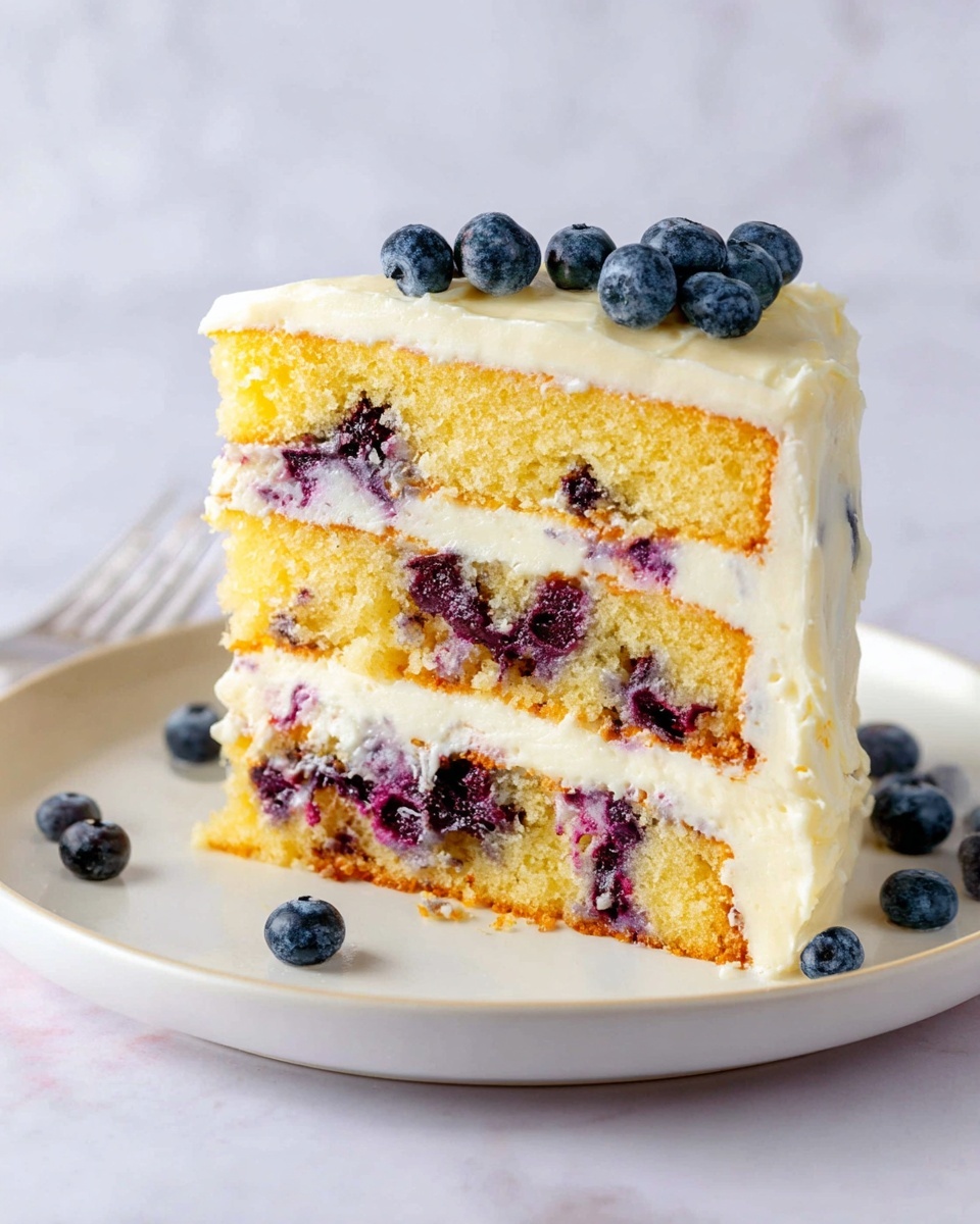 Single slice of layered blueberry cake showcasing moist vanilla sponge layers studded with vibrant blueberries, separated by creamy white frosting that spills slightly over the edges, close-up angled view revealing the juicy berry filling and the dense cake texture, served on a pristine white plate with a golden fork holding a bite-size portion coated with frosting, all set atop a white marble surface bathed in natural light, styled like a detailed food blog shot, photo taken with an iphone --ar 4:5 --v 7