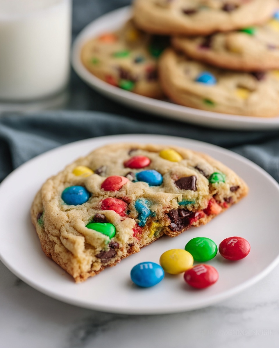 A single slice of freshly baked colorful M&M cookie revealing the soft, chewy interior with visible embedded candies and chocolate chips, placed on a white plate with a few loose colorful M&M candies beside it, close-up angled shot highlighting the texture and layers of the cookie, set on a white marble surface with natural lighting, styled as an inviting, ready-to-eat portion like a food blog presentation, photo taken with an iphone --ar 4:5 --v 7