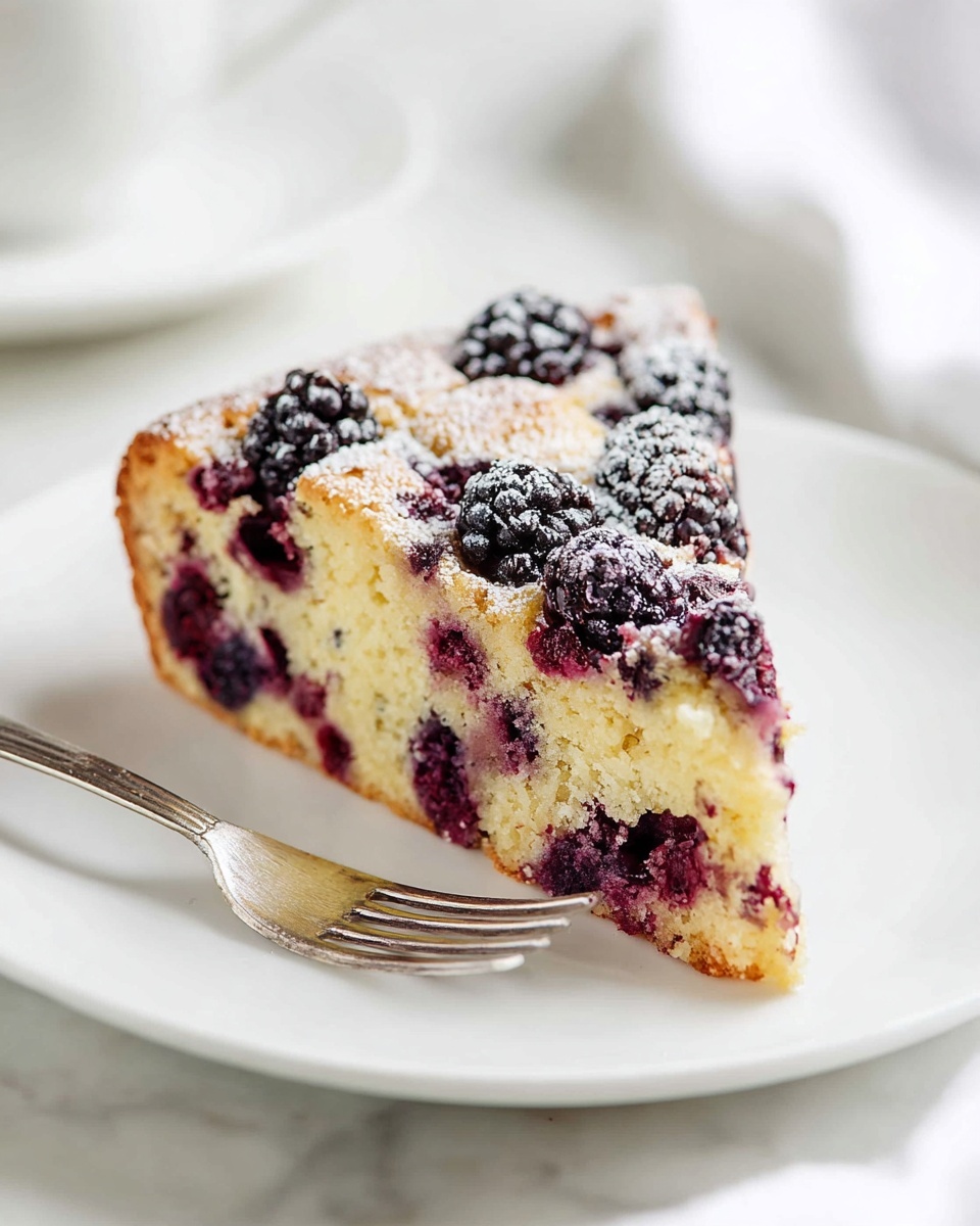 Single slice of rustic berry cake on a white plate, angled close-up view showcasing the soft, moist interior studded with whole blackberries and blueberries, golden crust dusted lightly with powdered sugar, fork resting beside the slice, natural lighting highlighting the textured crumb and vibrant berries, placed on a white marble surface, intimate plated serving photo taken with an iphone --ar 4:5 --v 7