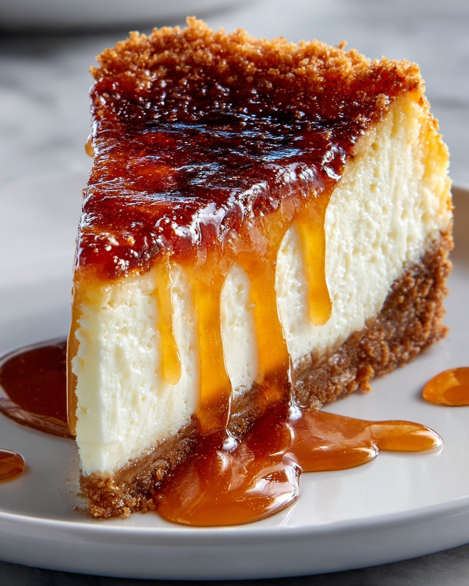Single white plate with a close-up slice of rich cheesecake showing a creamy, dense interior layered on a crumbly graham cracker crust, topped with a glossy caramelized sugar crust that glistens and drips thick amber syrup down the sides, angled to reveal texture contrast between smooth filling and crunchy topping, natural light highlighting the glossy syrup pooling on the plate, placed on a white marble surface, styled like a gourmet food blog serving photo taken with an iphone --ar 4:5 --v 7