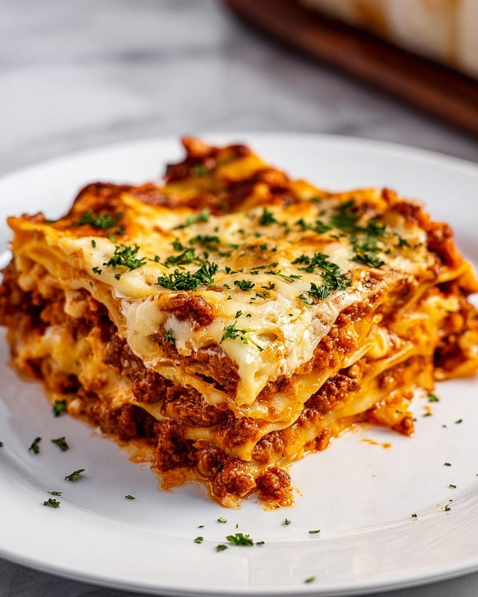 Single white plate featuring a generous portion of lasagna with visible layers of rich meat sauce, creamy ricotta, tender pasta sheets, and melted golden mozzarella cheese topped with a sprinkle of fresh parsley, angled close-up view showcasing the textured interior, steam gently rising, all set on a white marble surface under natural lighting, styled like a food blog individual serving photo taken with an iphone --ar 4:5 --v 7