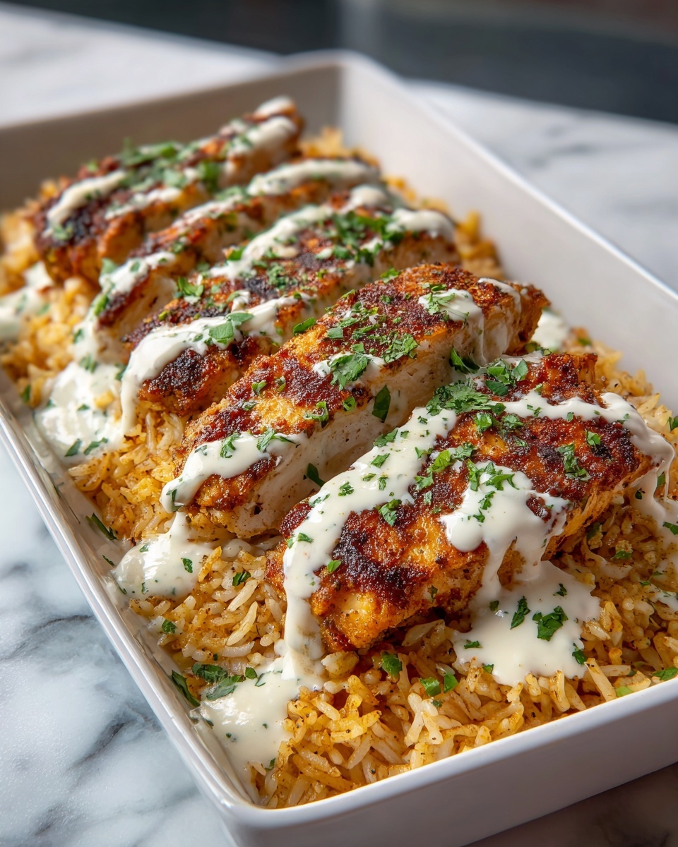 Single white rectangular dish featuring a plated portion of seasoned, golden-brown grilled chicken atop a bed of flavorful spiced rice, generously draped with creamy white sauce and garnished with finely chopped fresh herbs, close-up angle emphasizes the crispy texture of the chicken and the fluffy grains of rice underneath, all set on a white marble surface with natural lighting, styled for an intimate food blog presentation photo taken with an iphone --ar 4:5 --v 7