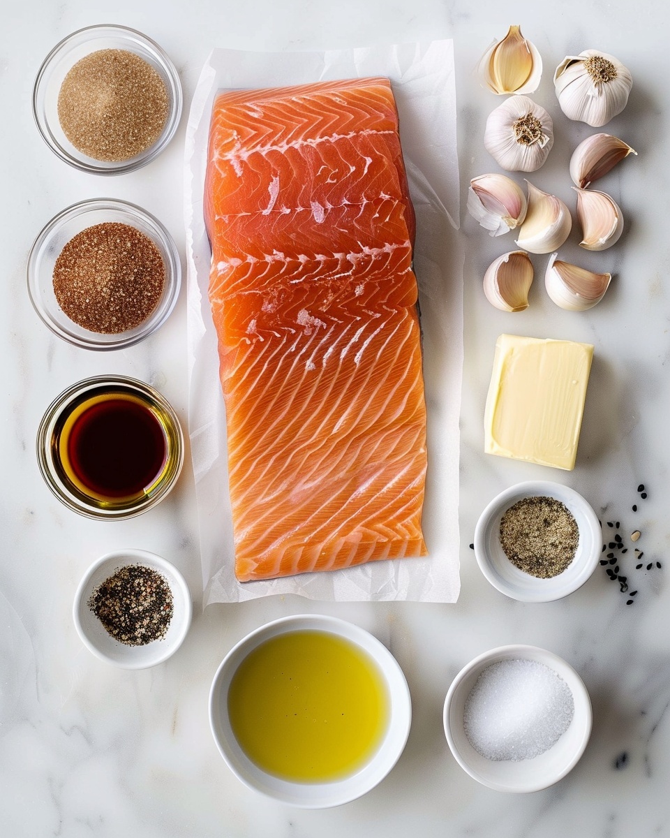Whole large fillet of glazed salmon, richly coated with a shiny, savory brown sauce speckled with cracked black pepper and finely chopped fresh parsley, served on a pristine white plate with a few sprigs of fresh parsley on the side, photographed from above on a white marble surface with natural lighting, styled like a hero shot from a food magazine, photo taken with an iphone --ar 4:5 --v 7