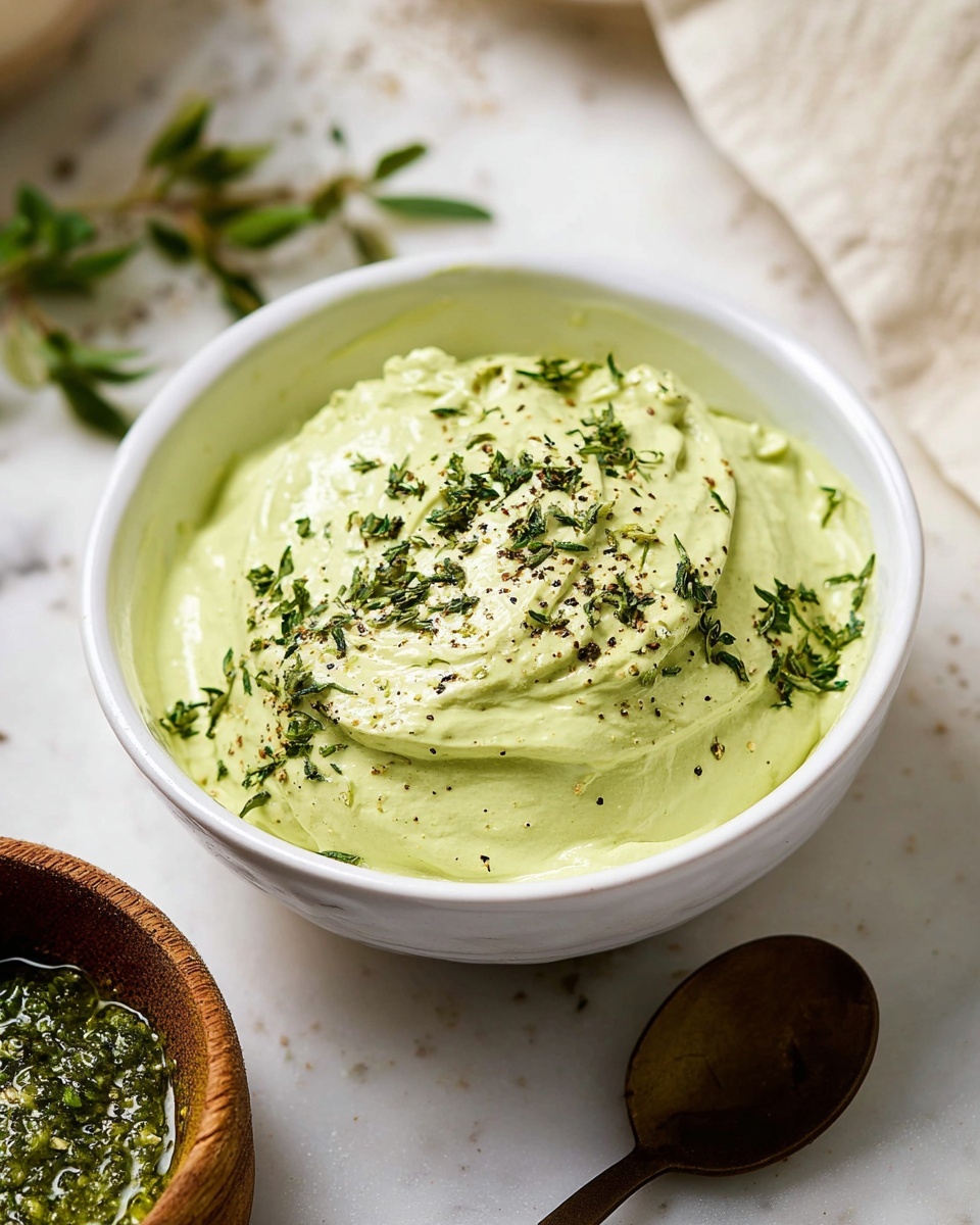 Single white ramekin filled with a creamy, herb-speckled dipping sauce, smooth and thick with a visible drizzle texture, close-up angle capturing the spoon lifting a dollop showing the sauce’s consistency and flecks of black pepper and herbs, placed on a white marble surface with subtle natural lighting, styled like an individual serving from a food blog, intimate plated serving photo taken with an iphone --ar 4:5 --v 7