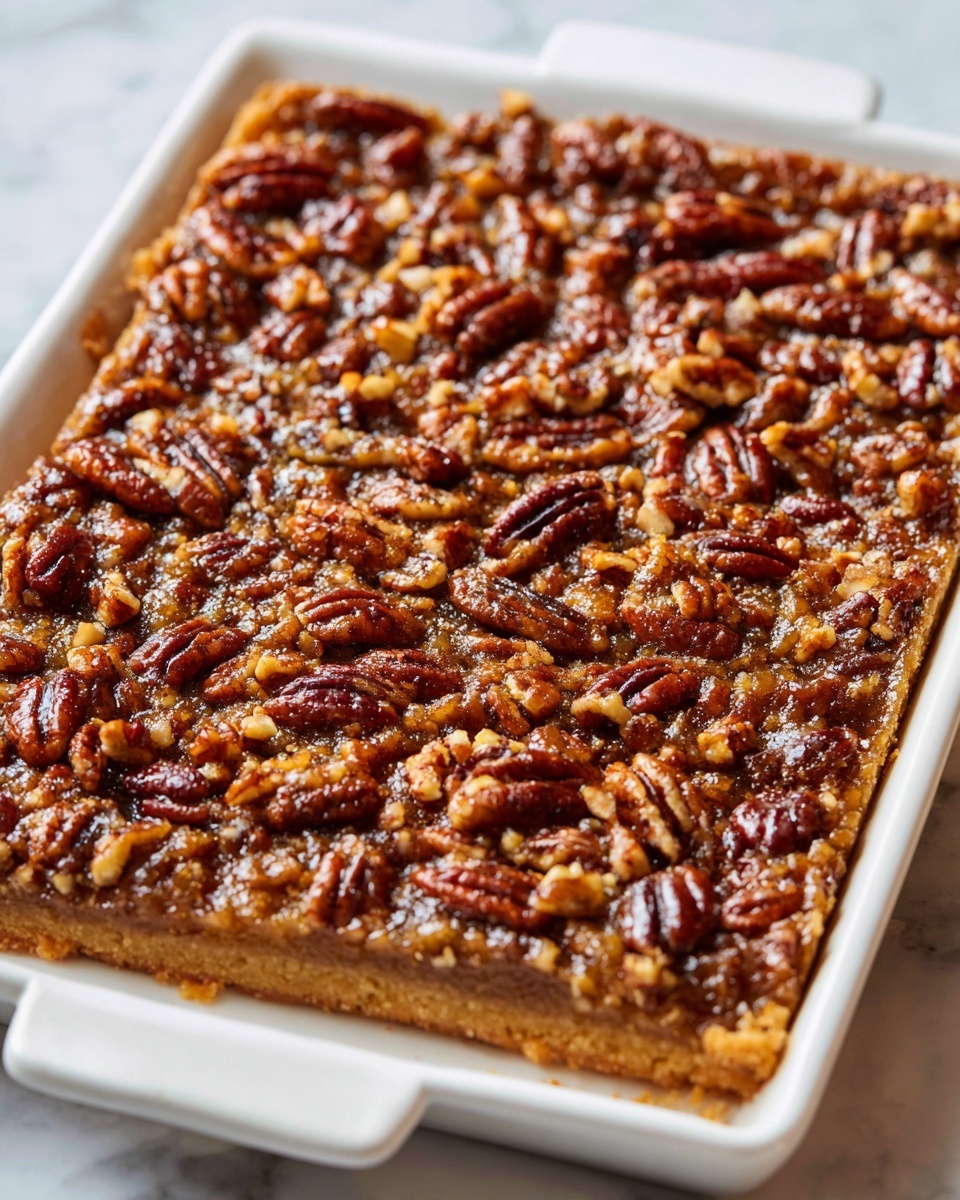 Single white plate holding one pecan bar square with a thick, glossy layer of caramelized pecan topping showing rich texture of crunchy nuts and sticky filling, the shortbread crust visible beneath with a clear cross-section revealing the distinct layers, close-up angled shot emphasizing the contrast of the nuts and smooth caramel over the crumbly base, natural lighting on a white marble surface, styled as an individual dessert portion ready to eat, photo taken with an iphone --ar 4:5 --v 7
