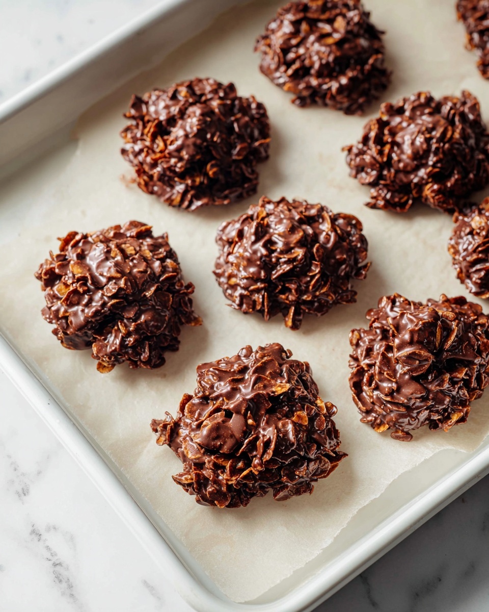 Single white plate holding one rustic chocolate no-bake cluster, close-up angled view revealing the textured chocolate coating enveloping crunchy cornflakes and bits of nuts, showcasing a rich, glossy finish with irregular shapes and layered pieces, placed on a white marble surface under natural light, styled like a food blog feature, photo taken with an iphone --ar 4:5 --v 7