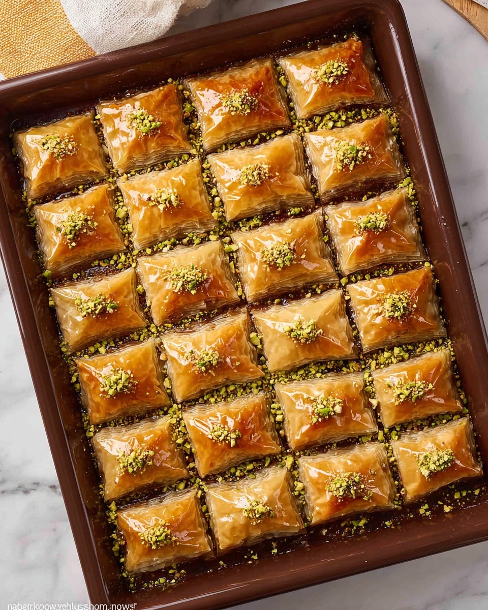 Pistachio Chocolate Baklava Recipe 5 The image shows two pieces of pistachio chocolate baklava on a white plate placed on a white marbled surface. Each piece has multiple thin, golden-brown layers of flaky pastry on the top and bottom, with a thick, dense middle layer filled with finely chopped green pistachios and dark chocolate bits. The top of each piece is garnished with a small heap of crushed pistachios, giving a bright green contrast to the warm golden pastry. Some pistachio crumbs are scattered loosely around the plate, adding detail to the scene. The photo taken with an iphone --ar 4:5 --v 7