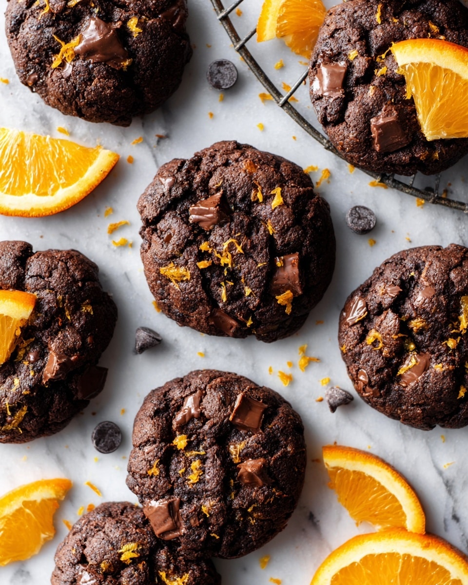The image shows a cooling rack placed on a white marbled surface with several round chocolate cookies scattered on and around it. The cookies have a dark brown color with a rough, bumpy texture and visible chunks of chocolate embedded in the tops. Around the cookies, there are bright orange slices with pale orange flesh and slightly darker orange peel, adding contrast and freshness to the scene. Some small chocolate chips and tiny pieces of orange zest are also sprinkled on the surface and cookies, enhancing the overall look. photo taken with an iphone --ar 4:5 --v 7