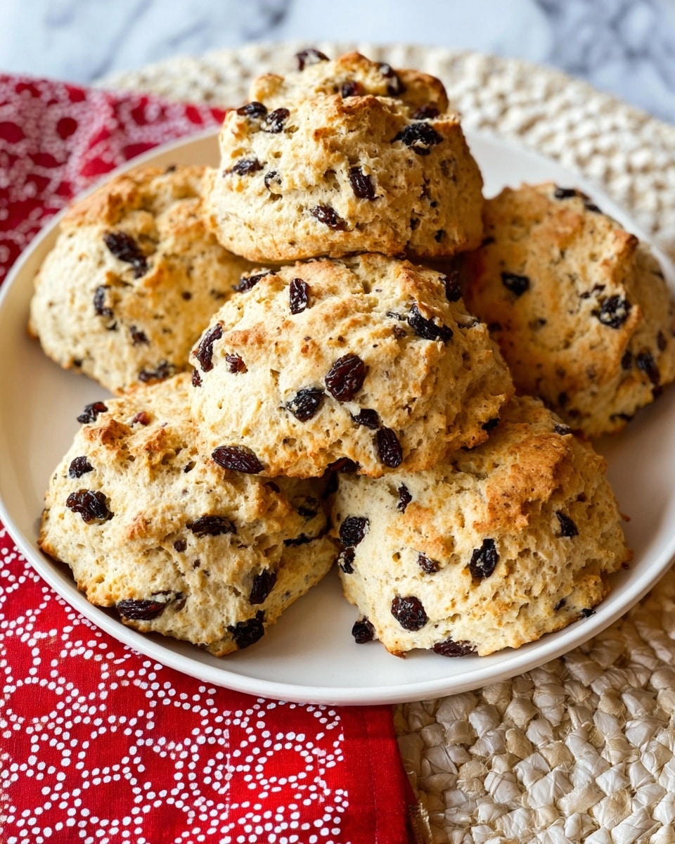 A white round plate holds a stack of six light golden scones with a rough, crumbly texture. Each scone is dotted with many small, dark dried fruit pieces spread evenly across the top and sides. The scones have a slightly uneven, homemade shape, with some edges showing a gentle browning. The plate sits on a woven white placemat with looped patterns, and a red cloth with white decorative circle prints is tucked under the plate on the left side. The background is a white marbled surface. photo taken with an iphone --ar 4:5 --v 7