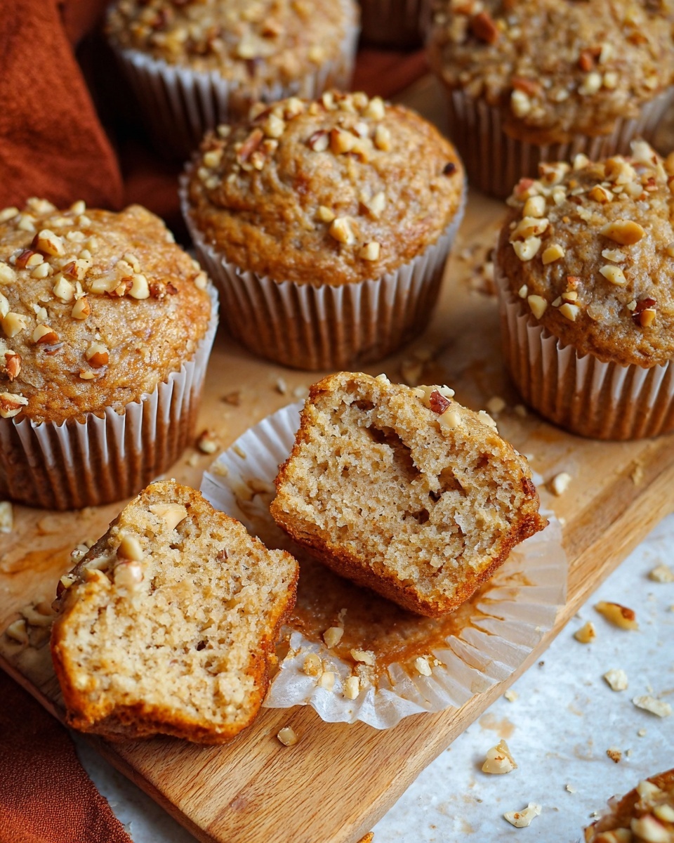 Easy Banana & Walnut Muffins Recipe 5 The image shows six muffins placed on a silver cooling rack, which is sitting on a folded orange cloth over a white marbled surface. Each muffin is in a white paper liner and topped with a generous layer of chopped nuts. The muffins have a golden-brown color with a slightly rough texture dotted with tiny air holes. The nuts on top add a light beige and brown contrast to the warm muffin tops. Photo taken with an iphone --ar 4:5 --v 7