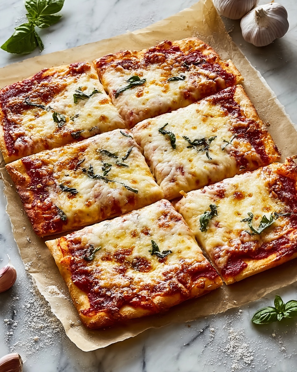 Irresistible Cheesy Herb and Garlic Pizza Recipe You’ll Love Recipe 5 A square pizza is sliced into four large pieces and placed on a sheet of parchment paper. The pizza has a golden, slightly raised crust with soft edges. The base layer is a red tomato sauce, visible near the edges and between cheese patches. On top of the sauce, there is a thick layer of melted cheese with a creamy white and light golden texture, showing some browned spots. Scattered green basil leaves are placed on top of the cheese. The pizza sits on a white marbled surface with some flour and a few garlic cloves nearby. Photo taken with an iphone --ar 4:5 --v 7