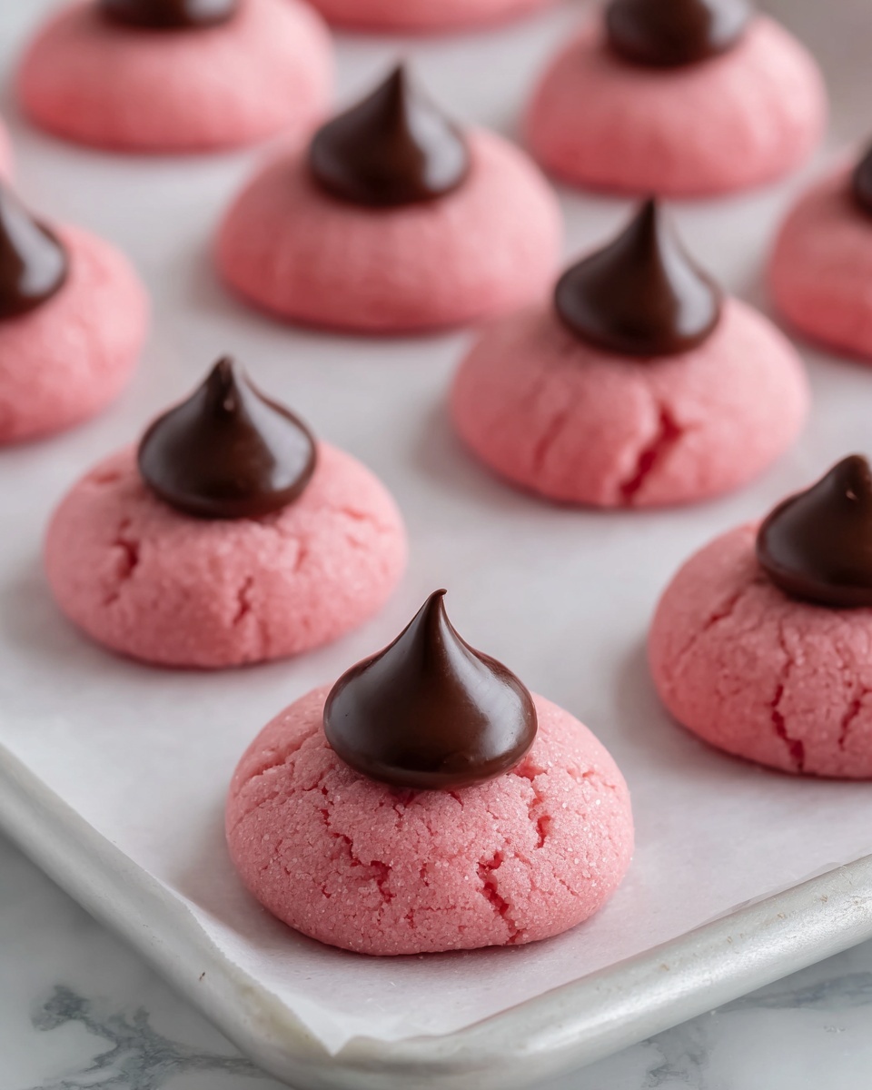 A white cake stand holds eleven round pink cookies evenly spaced, each cookie having a cracked surface dusted lightly with white powdered sugar and topped with a shiny dark chocolate dollop in the center, all set on a white marbled surface. Around the stand, there are two white glass bottles filled with light beige milk and several small purple foil-wrapped chocolates scattered on the surface nearby. photo taken with an iphone --ar 4:5 --v 7