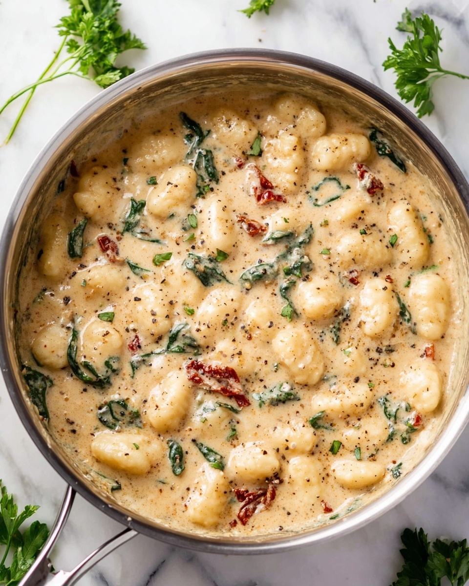 A close-up view of a stainless steel pan filled with creamy gnocchi in a thick, light beige sauce, speckled with black pepper. The gnocchi are soft, plump, and evenly coated with the sauce, interspersed with green leafy bits and small pieces of red sun-dried tomatoes. The sauce looks smooth and rich with a shiny texture, and the pan is placed on a white marbled surface with a few green parsley sprigs around, creating a fresh contrast. Photo taken with an iphone --ar 4:5 --v 7