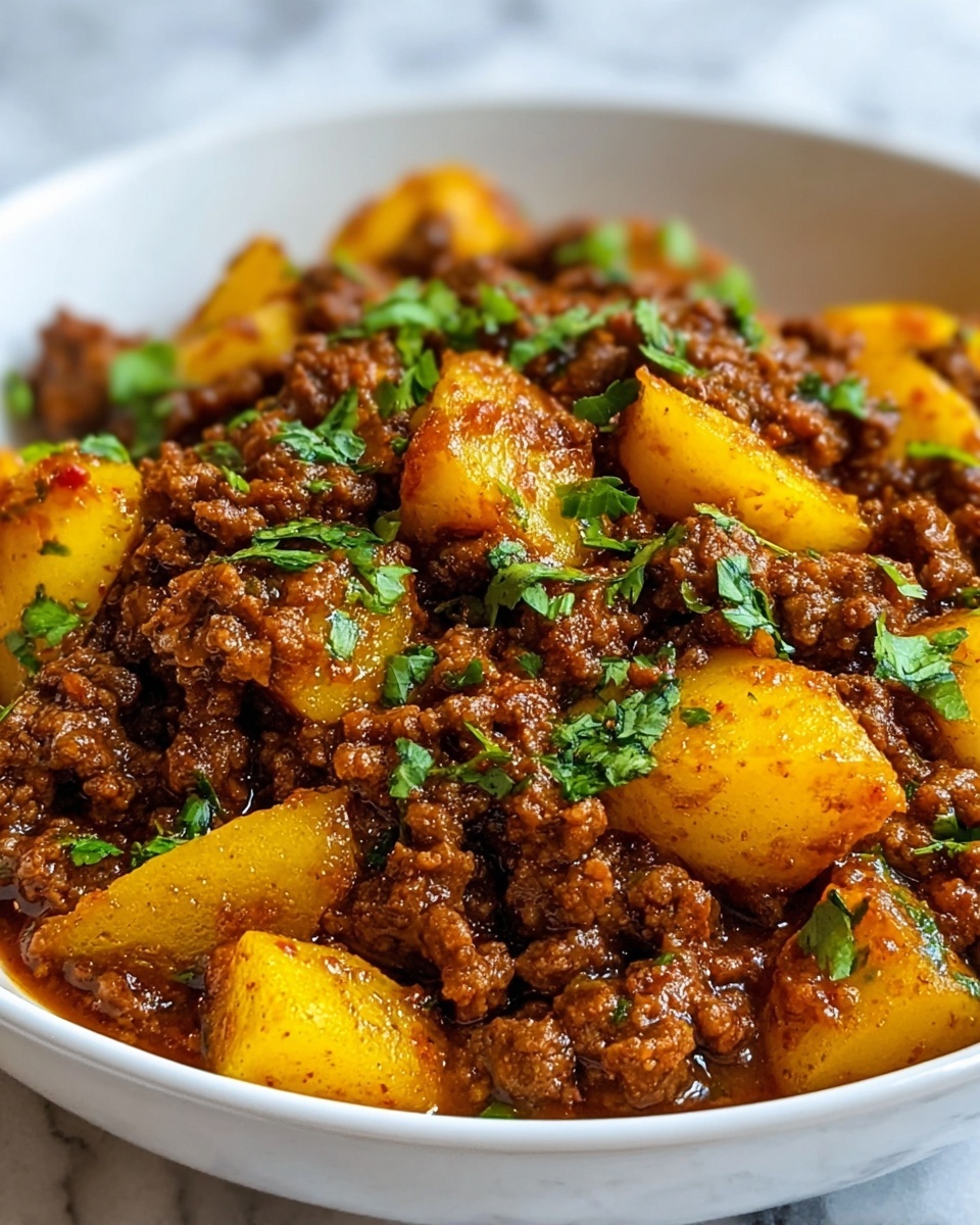 Aloo Keema (Ground Meat with Potatoes) Recipe 6 A white bowl filled with a thick stew made of dark brown cooked ground meat mixed with golden-yellow chunks of potatoes. The stew has a rich reddish-brown sauce that coats all the pieces. On top, fresh green chopped herbs are sprinkled evenly. The bowl is placed on a white marbled surface. Photo taken with an iphone --ar 4:5 --v 7
