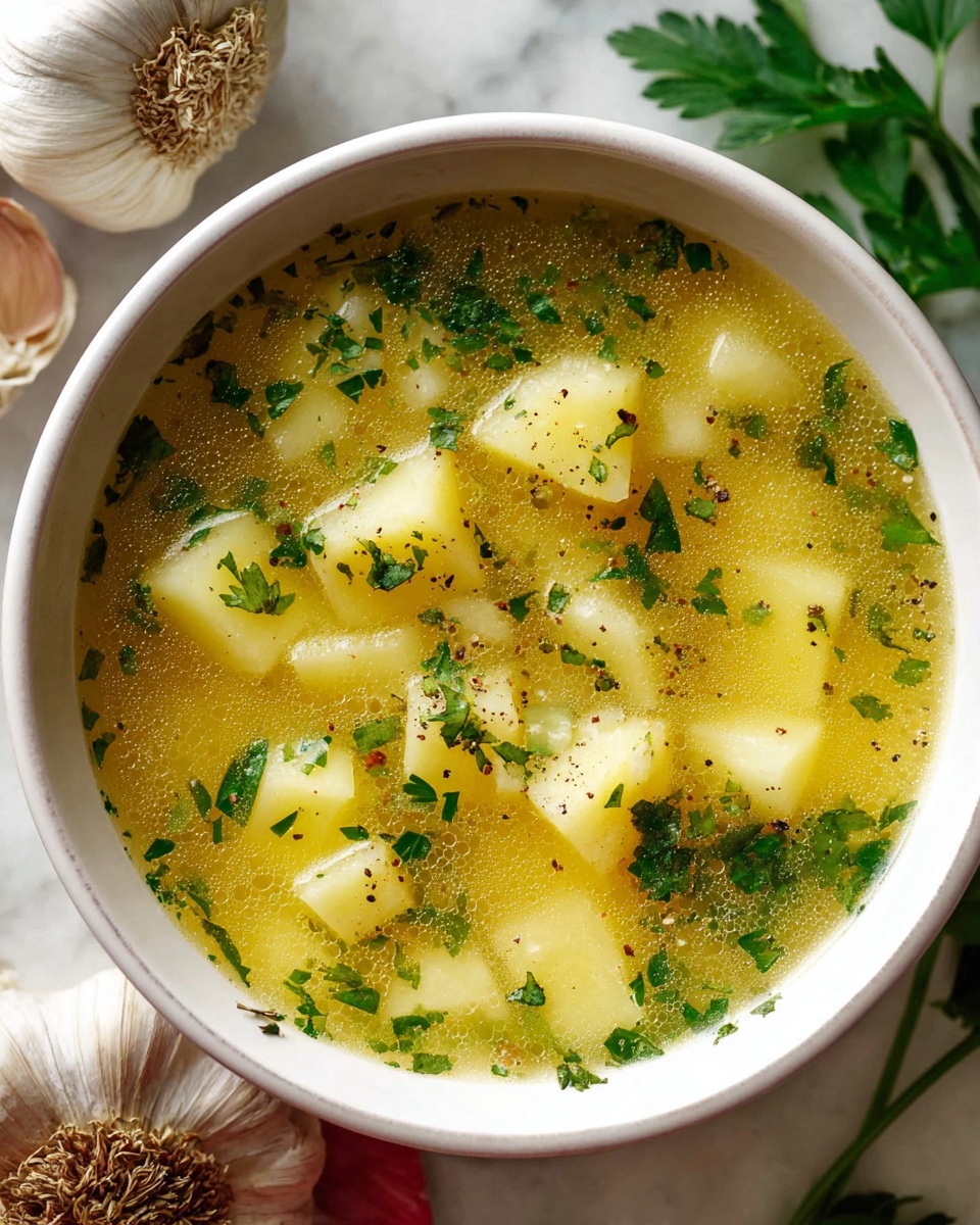 Soothing Hangover Cure Garlic Potato Soup Recipe 6 A close-up shows a silver ladle lifting a few pieces of soft, light yellow potatoes from a pot of clear yellow broth. The broth has tiny green bits of herbs and some black pepper sprinkled on it. The pot is white inside and red outside. The background shows a white marbled surface with garlic bulbs blurred in the back. photo taken with an iphone --ar 4:5 --v 7