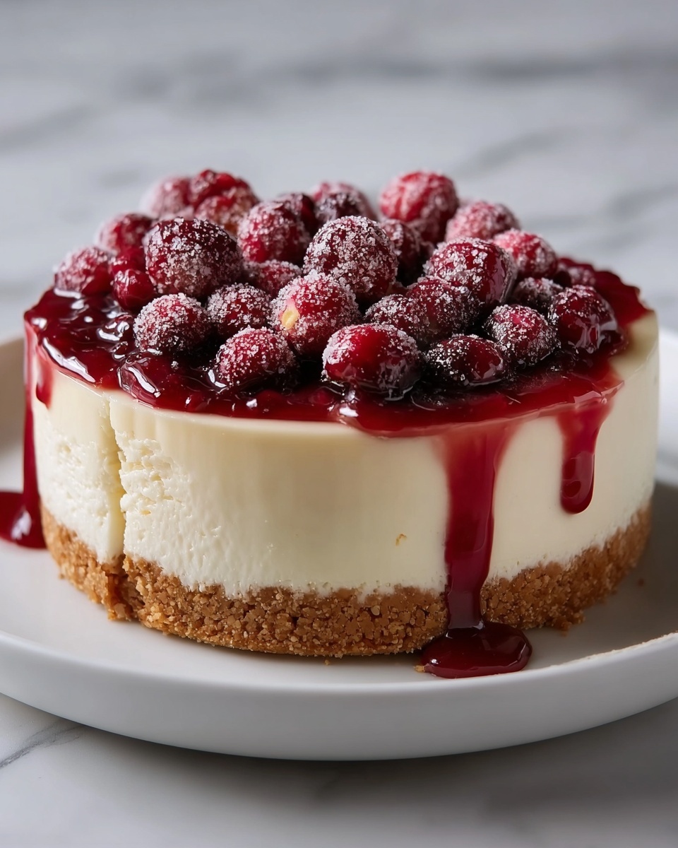 A round cheesecake with three visible layers sits on a white plate. The bottom layer is a light brown crumb crust with a rough texture. Above it is a thick, smooth, creamy off-white cheese layer that takes up most of the cake’s height. The top layer consists of a shiny, deep red berry sauce with whole sugar-coated cranberries piled on top. The sauce slightly drips down the cheese layer. The background and surface are a white marbled texture. photo taken with an iphone --ar 4:5 --v 7