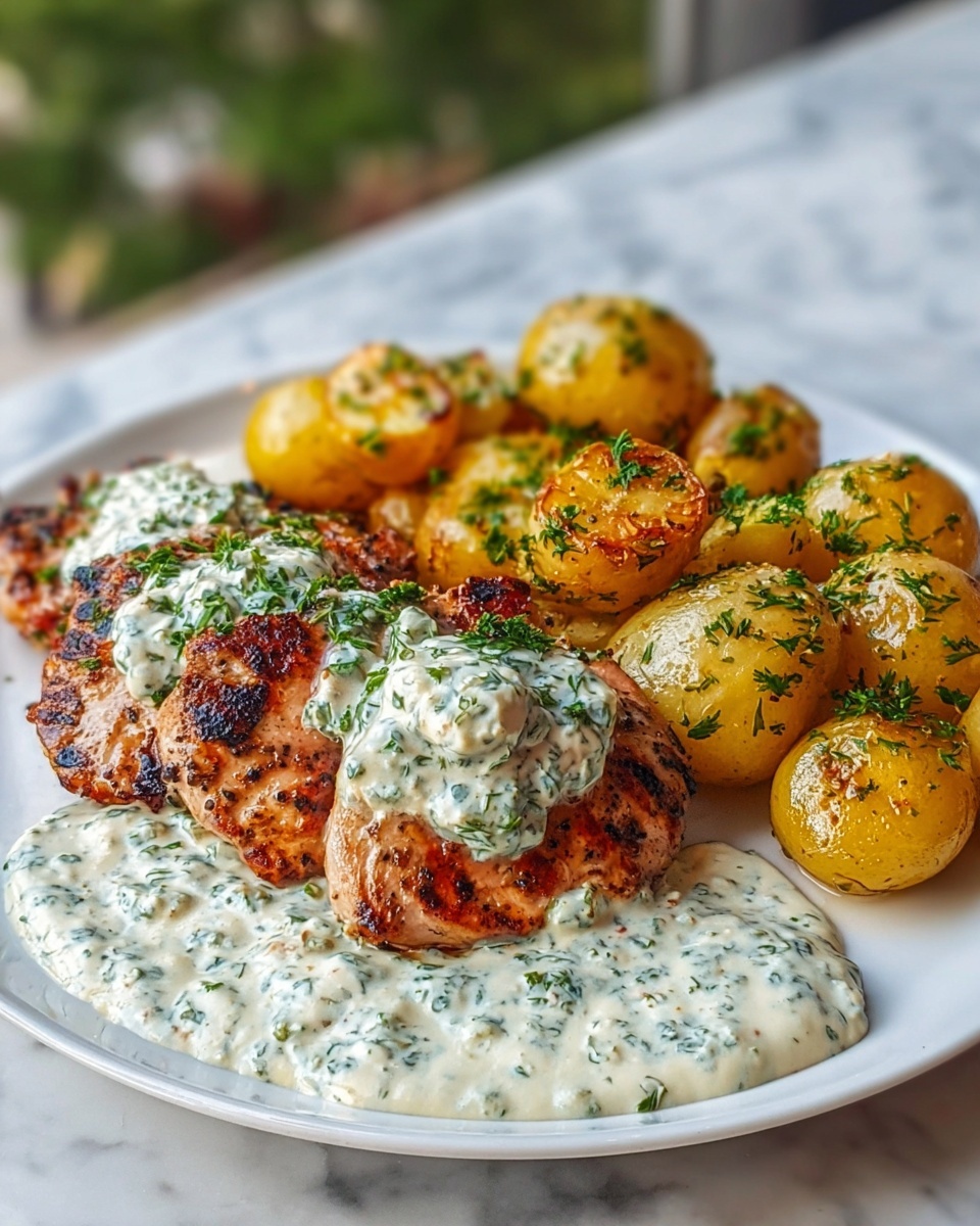 Spicy Yogurt-Marinated Chicken with Dill Feta Cream and Crispy Baby Potatoes Recipe - Recipe Image