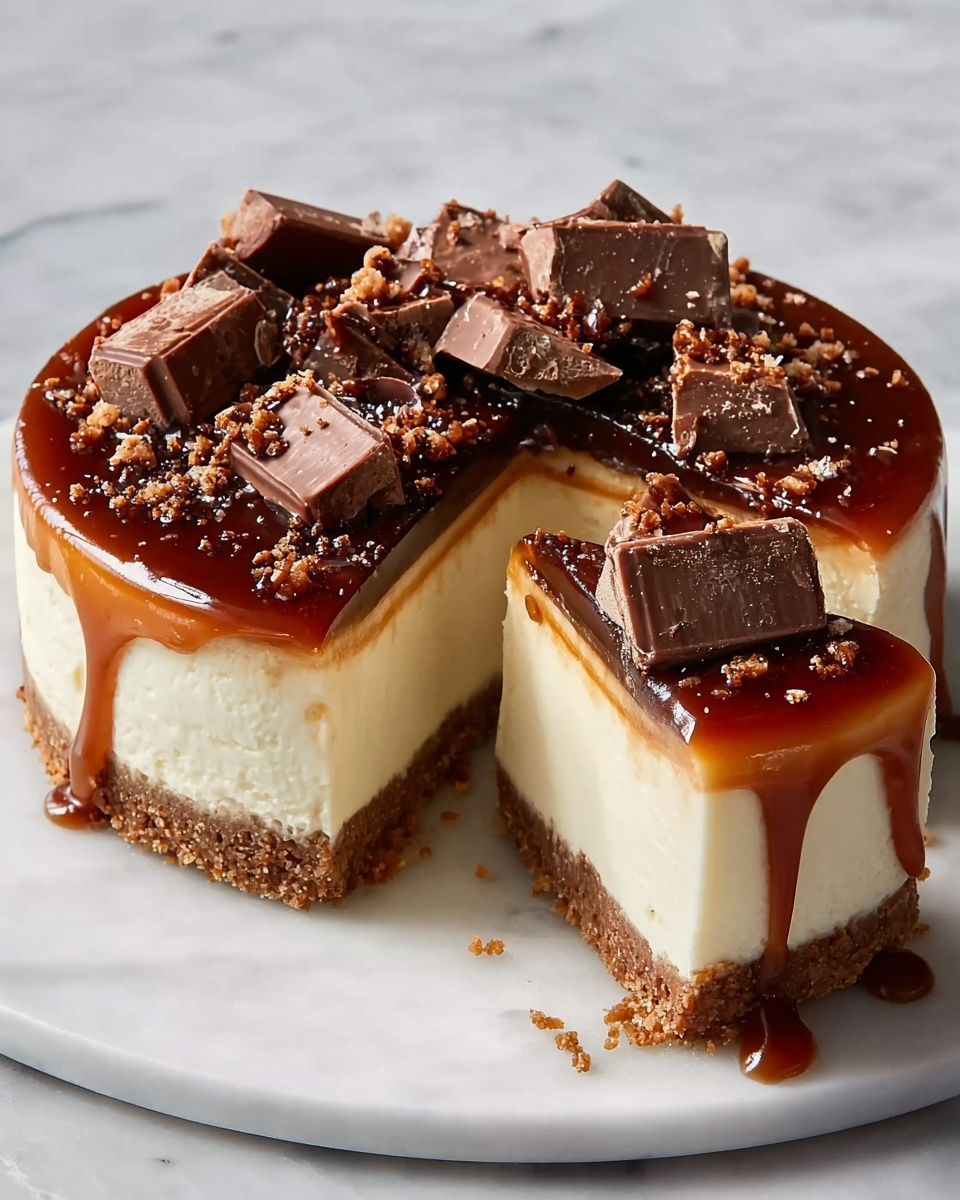 A cheesecake with three visible layers sits on a white marbled surface: the bottom layer is a thick, crumbly light brown crust, the middle layer is a smooth, creamy off-white cheese filling, and the top layer is a shiny, dark caramel sauce that drips down the sides. On top of the caramel layer, there are irregular chunks of milk chocolate scattered, along with small crumbles of a darker brown texture. One slice has been removed, showing the inside layers clearly. photo taken with an iphone --ar 4:5 --v 7