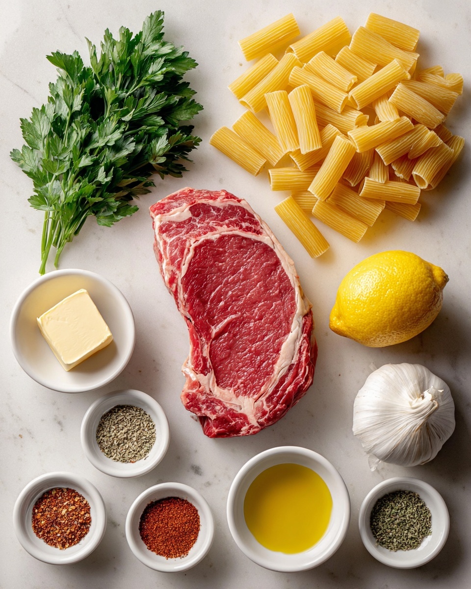 The image shows a flat lay of fresh cooking ingredients arranged neatly on a white marbled surface. In the center is a raw ribeye steak with a rich red color and creamy white marbling. At the top left, there is a small bunch of fresh green parsley with leafy texture. To the right of the parsley is a pile of uncooked rigatoni pasta, yellow and ridged. On the top right side, there is a whole bright yellow lemon and a whole white garlic bulb with dry outer skin. Below the pasta is a small white bowl filled with a creamy yellow paste. Near the bottom left, a small white bowl holds a square piece of pale yellow butter. Scattered near the bottom are three more white bowls containing powders and seeds: a reddish spice, green dried herbs, and coarse ground pepper. To the right of these bowls, there is a small white bowl of golden olive oil and a small pile of coarse white salt. Another garlic bulb with some outer skin missing is near the center right. Photo taken with an iphone --ar 4:5 --v 7
