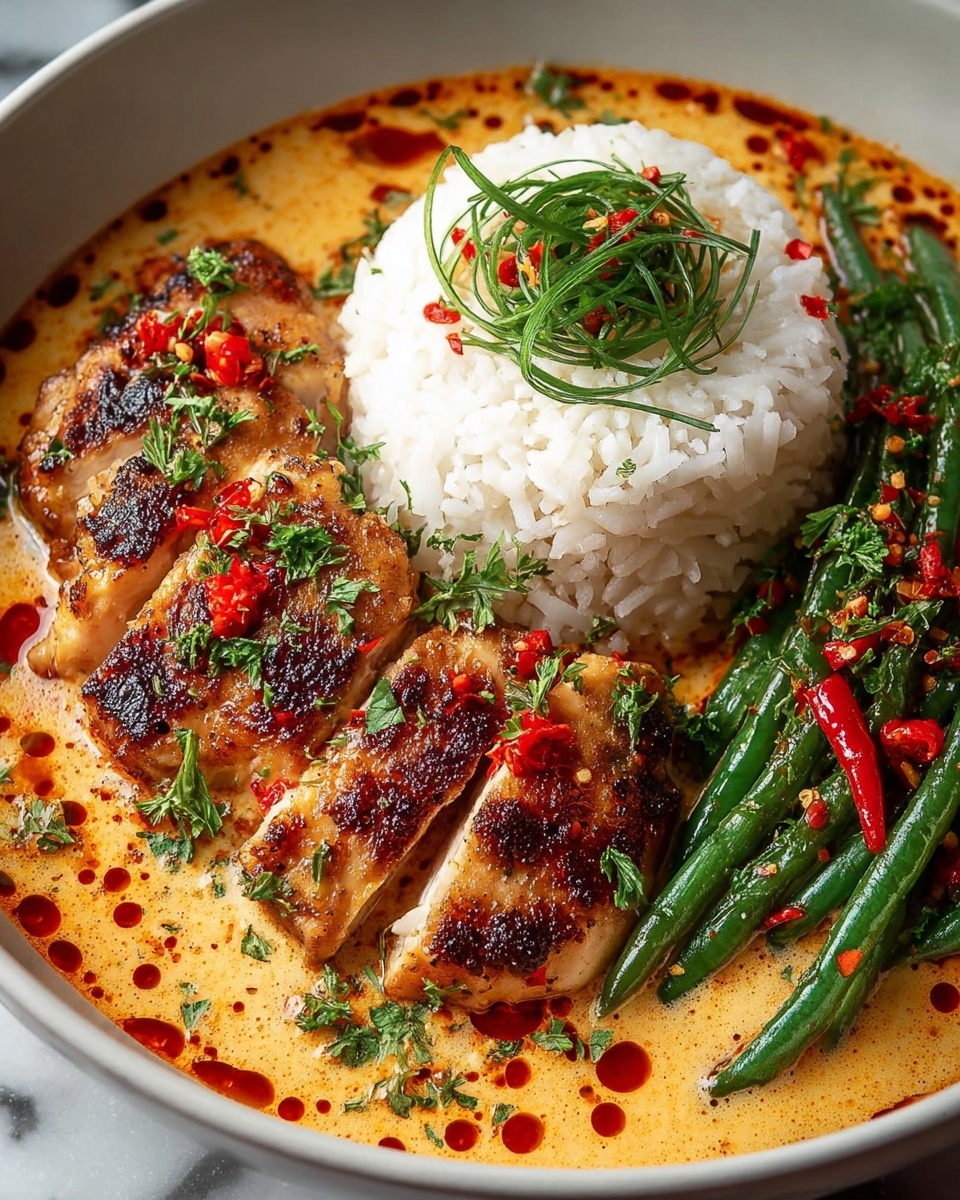 The image shows a round white bowl filled with a creamy orange soup with red oil spots on the surface, with pieces of light beige chicken spread on top. On one side of the bowl, fluffy white rice forms a half mound. There are fresh green herbs sprinkled over the chicken and soup, along with small slices of red chili. Two lime wedges rest near the center on top of the chicken, and a wooden spoon is partly visible at the top of the bowl. The bowl sits on a white marbled surface. Photo taken with an iphone --ar 4:5 --v 7