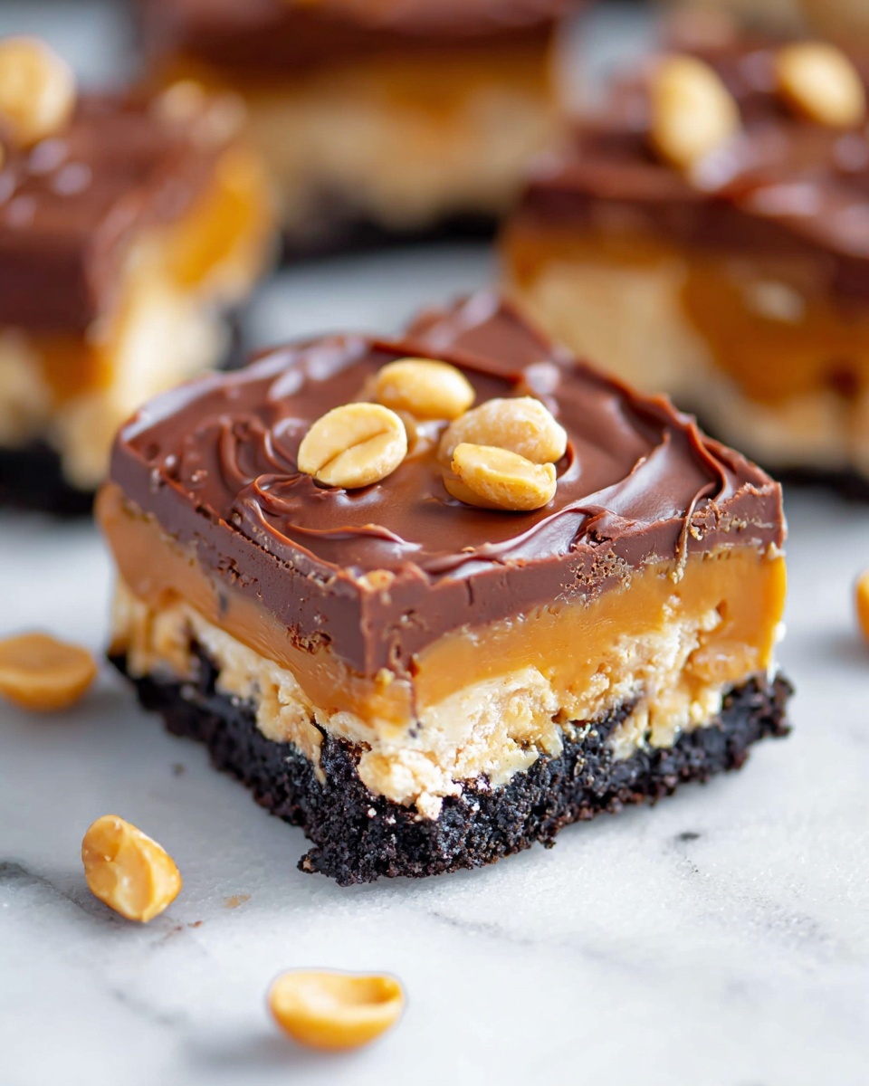The image shows several square pieces of dessert arranged close together on a white marbled surface. Each piece has three clear layers: the bottom layer is light brown and looks crispy or crunchy, the middle layer is a smooth, glossy caramel in a rich golden brown color, and the top layer is thick, smooth dark brown chocolate. Each piece is topped with a small cluster of whole peanuts, adding a light tan color and rough texture on top. The chocolate layer has subtle swirl patterns, giving it a soft, creamy feel. The pieces are closely packed, and one in the center is slightly pulled apart to show the layers. photo taken with an iphone --ar 4:5 --v 7