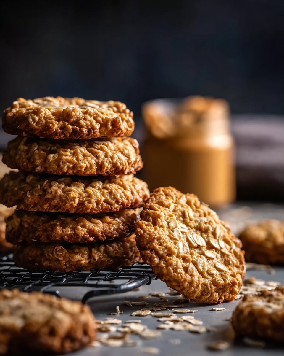 A close-up of several golden brown oatmeal cookies stacked in two piles on a black wire cooling rack, with one cookie in sharp focus in the front showing its rough, textured surface with visible oats. There are scattered oats and a small dollop of caramel in the foreground on a dark surface, and a blurred jar filled with caramel sauce in the background. The scene is lit softly, highlighting the warm tones of the cookies. photo taken with an iphone --ar 4:5 --v 7