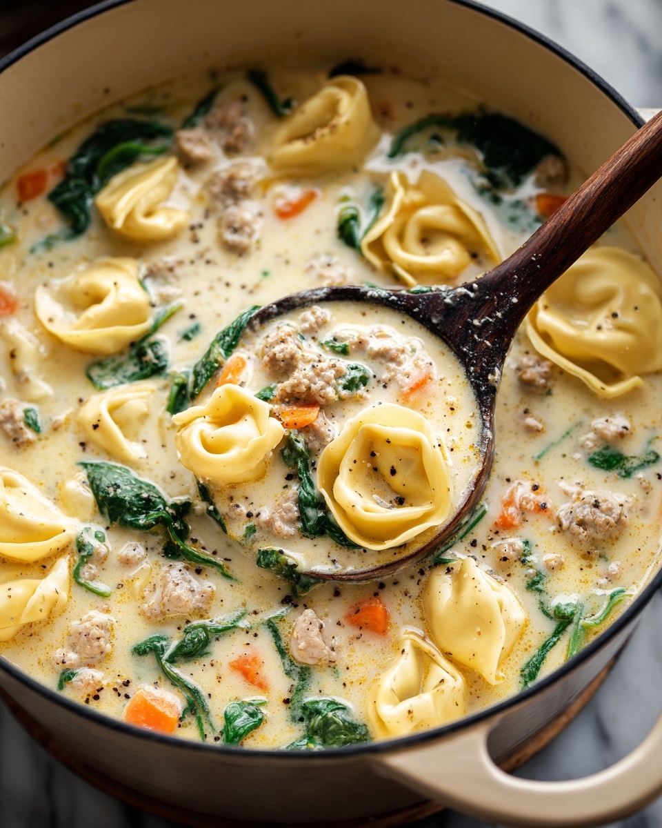 The image shows a close-up of a pot filled with creamy soup. The soup has several layers: at the top are golden-yellow tortellini pasta with a slightly ruffled edge, scattered throughout. Mixed in are small chunks of light brown cooked meat and bright orange carrot slices, adding color contrast. Fresh green spinach leaves float in the creamy, pale yellow broth that looks smooth and thick. Small black pepper specks are visible on the surface, adding texture. A large ladle with a dark wooden handle scoops up some soup, showing a mix of all ingredients. The pot is light-colored on the inside, sitting on a white marbled surface. photo taken with an iphone --ar 4:5 --v 7