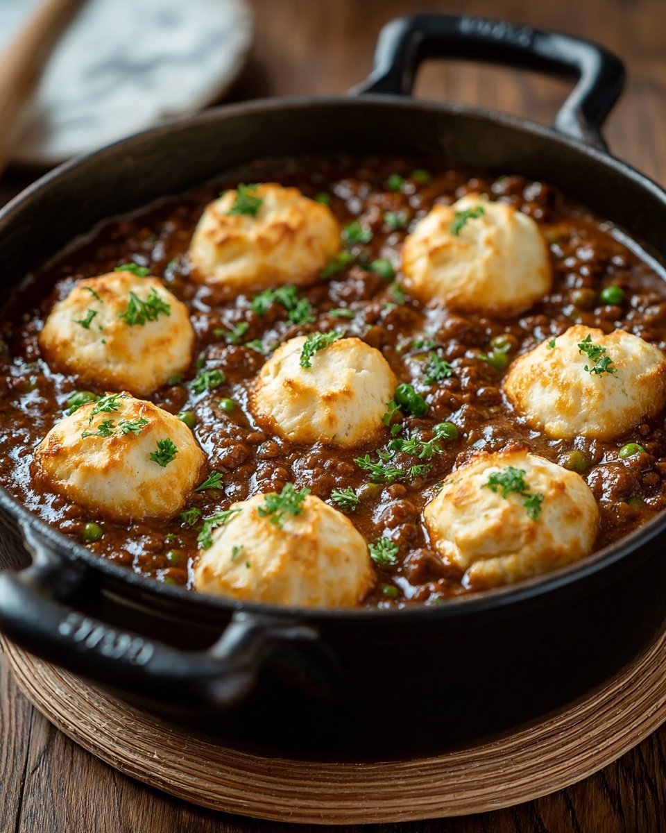 A round black pan contains a stew with a thick brown sauce and small chunks of vegetables and ground meat as the base layer. On top of the stew, there are nine evenly spaced golden brown dough balls, each sprinkled with small green herb pieces. The pan is placed on a white cloth and a wooden surface, with some fresh green herbs blurred in the background. The lighting is warm and natural, highlighting the rich textures and colors of the dish. photo taken with an iphone --ar 4:5 --v 7