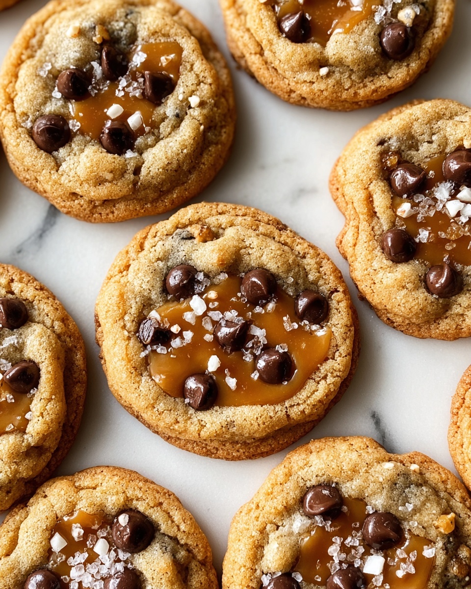 A close-up view of a group of soft chocolate chip cookies stacked closely together, each cookie having a golden brown edge with a lighter, chewy center. The cookies are dotted with semi-sweet chocolate chips and melted caramel bits that glisten, giving a sticky texture in parts. On top of each cookie, there are scattered flakes of coarse sea salt, adding a touch of white contrast against the warm brown and golden tones. The cookies are placed on a white marbled surface, showing their round, slightly crinkled shapes and inviting textures. photo taken with an iphone --ar 4:5 --v 7