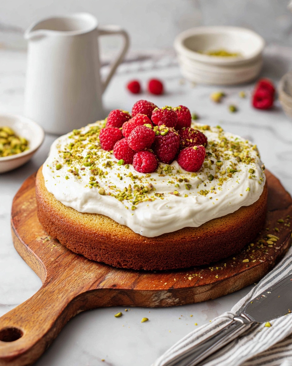 Gluten Free Lemon Olive Oil Pistachio Cake Recipe 5 A slice of greenish-yellow cake with a slightly crumbly texture sits on a white plate with small brown speckles. The cake has one visible layer and is topped with a smooth white frosting layer. On top of the frosting, three bright red raspberries are placed, sprinkled with light green crushed nuts, likely pistachios. Some crumbs and crushed nuts are scattered around the plate, and a silver fork holds a piece of the cake close to the slice. The background is a white marbled surface. Photo taken with an iphone --ar 4:5 --v 7