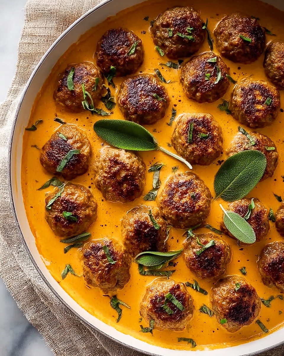 The image shows a white pan filled with about twenty browned meatballs evenly spread on top of a smooth, thick orange sauce. The meatballs have a crispy texture on the top and are sprinkled with finely chopped green herbs. Whole fresh green sage leaves are scattered between the meatballs, adding a fresh contrast to the warm colors. The pan is placed on a textured light brown cloth, all set on a white marbled surface. Photo taken with an iphone --ar 4:5 --v 7