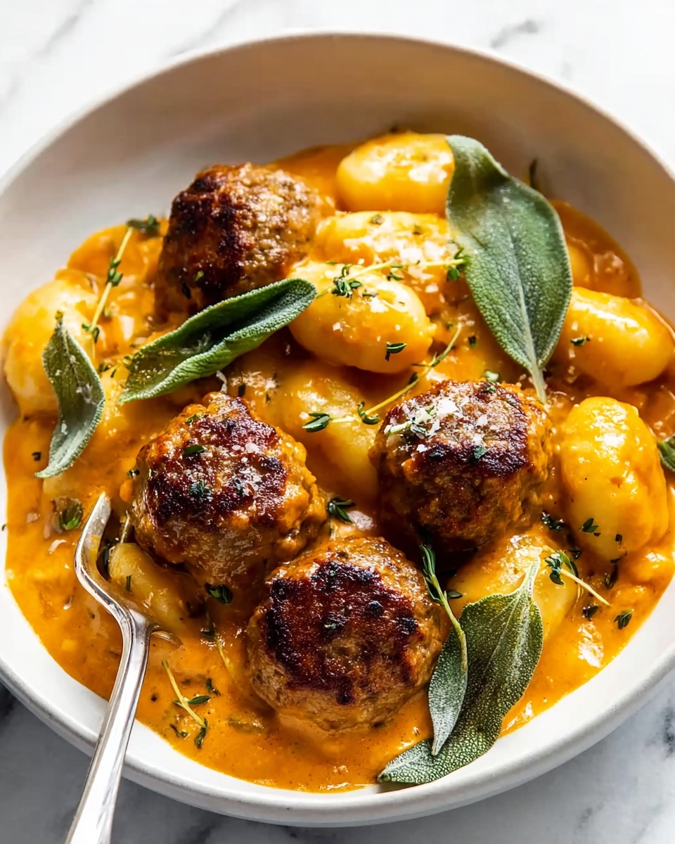 The image shows a white bowl filled with four round browned meatballs placed on top of soft, plump gnocchi coated in a thick orange sauce. The sauce looks creamy and clings to both the gnocchi and meatballs. Fresh green sage leaves and small thyme sprigs are scattered on top, adding color contrast. A silver fork rests inside the bowl on the left side. The bowl sits on a white marbled surface. photo taken with an iphone --ar 4:5 --v 7