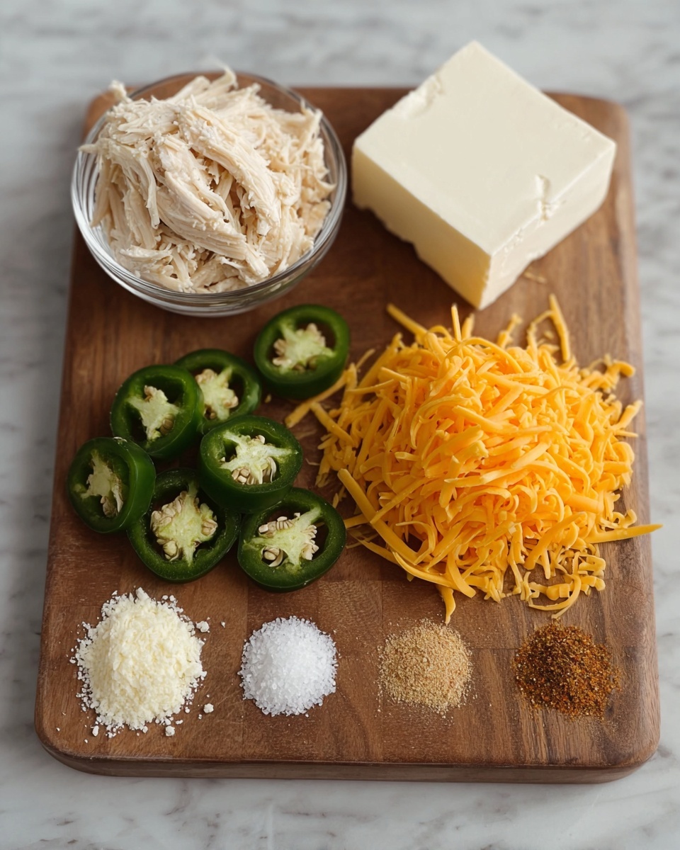 On a wooden board are six different ingredients arranged neatly: in a small clear glass bowl on the left is shredded light beige chicken, next to it in a single pile is smooth, white cream cheese, followed by a solid block of white cream cheese at the top right. Below the block is a loose mound of shredded orange cheddar cheese. In front of the chicken and cheese are slices of dark green jalapeño peppers, shown as round cross-sections with seeds inside. Below the peppers are three small piles of spices or seasonings: coarse white salt, ground light brown spice, and darker brown spice. The whole scene is set on a white marbled surface. photo taken with an iphone --ar 4:5 --v 7