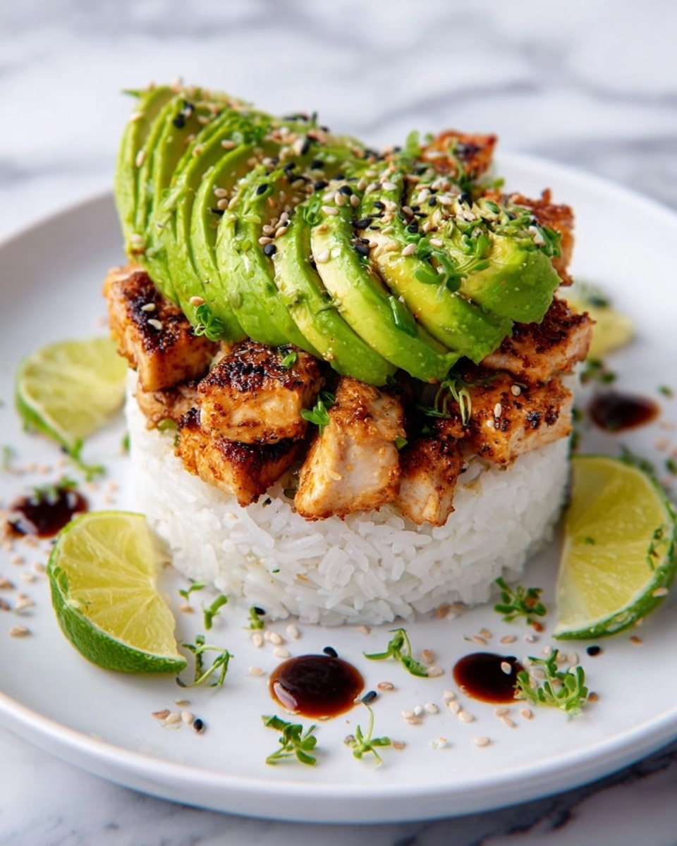 The image shows a white round plate with a white rice base shaped in a thick round layer. On top of the rice, there is a row of grilled, browned chicken pieces with a slightly crispy texture, arranged vertically. Next to the chicken, there are thin slices of bright green avocado fanned out in overlapping layers, sprinkled with small black sesame seeds. Some finely chopped green herbs are scattered over the dish and around the plate edges. Two lime wedges rest at the bottom left and top right sides of the plate. The plate is set on a white marbled surface. photo taken with an iphone --ar 4:5 --v 7