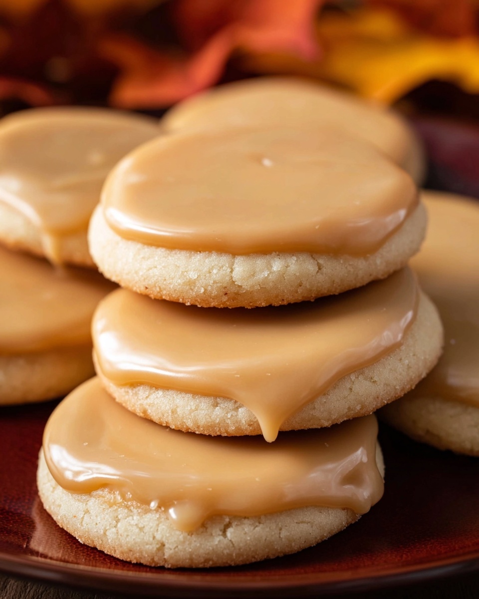 The image shows a close-up of several round cookies with two layers each: a soft, pale beige cookie base and a smooth, light caramel-colored icing spread on top that slightly drips over the edges. The cookies are stacked and laid out closely on a dark surface with an out-of-focus warm background behind. Photo taken with an iphone --ar 4:5 --v 7