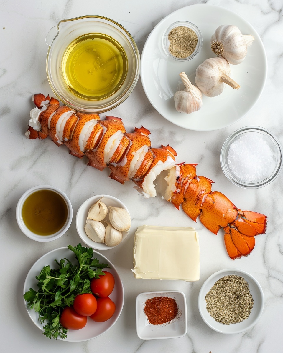 The dish is a full skillet presentation of whole cooked lobster on a bed of creamy pasta. The lobster is arranged whole with claws, tail, and body clearly visible, its shell a bright reddish-orange color, glossy and perfectly cooked. The creamy sauce surrounds the pasta, pooling gently at the bottom, with fresh herbs sprinkled evenly over the lobster and pasta for a touch of green. The pasta strands are well coated with sauce, slightly twisted in the pan, and the overall look is rich and indulgent, showcasing the entire lobster in a straight-forward, natural way on a white marbled surface background. Photo taken with an iphone --ar 4:5 --v 7