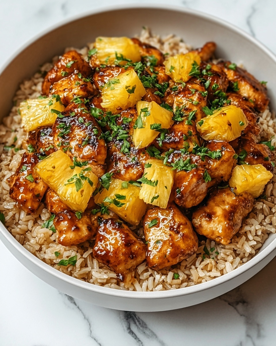 A white bowl with a plated portion of grilled chicken pieces coated in a glossy, dark brown sauce served over a bed of fluffy brown rice. The chicken is mixed with large chunks of juicy pineapple, showing some caramelized edges and a slightly charred texture. A fresh pineapple wedge and a sprinkle of green herbs add a bright contrast on top. The bowl sits on a white marbled surface, capturing the rich textures and vibrant colors in clear, natural lighting. Photo taken with an iphone --ar 4:5 --v 7