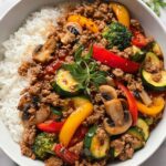 Spicy Ground Beef Stir-Fry Bowl with Garlic Veggies & Steamy Rice Recipe