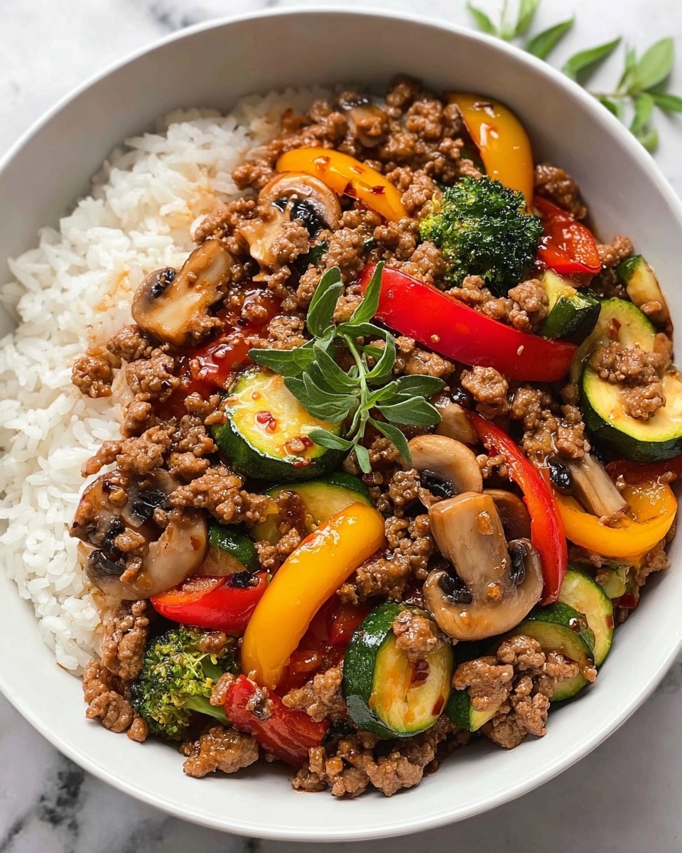Spicy Ground Beef Stir-Fry Bowl with Garlic Veggies & Steamy Rice Recipe