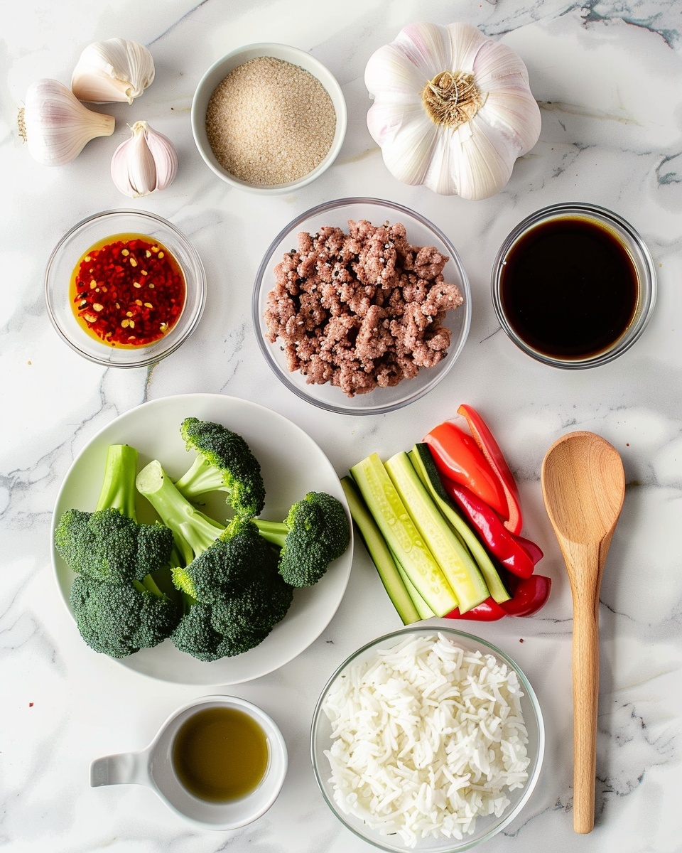 The image shows a complete bowl filled generously with a colorful stir-fry dish laid over a bed of fluffy white rice. The dish is packed with browned ground meat, glossy and mixed with a variety of vibrant, sautéed vegetables including bright red and yellow bell peppers, green broccoli florets, tender zucchini slices, and mushrooms. The vegetables appear fresh and cooked just right, giving the dish a rich and inviting look with its mixture of colors and textures. The bowl, plain white ceramic, rests on a white marbled surface, enhancing the vivid colors of the food. The entire dish is presented as a whole serving, full and ready to eat, with a sprig of fresh green herb on top adding a final touch of freshness and elegance. Photo taken with an iphone --ar 4:5 --v 7