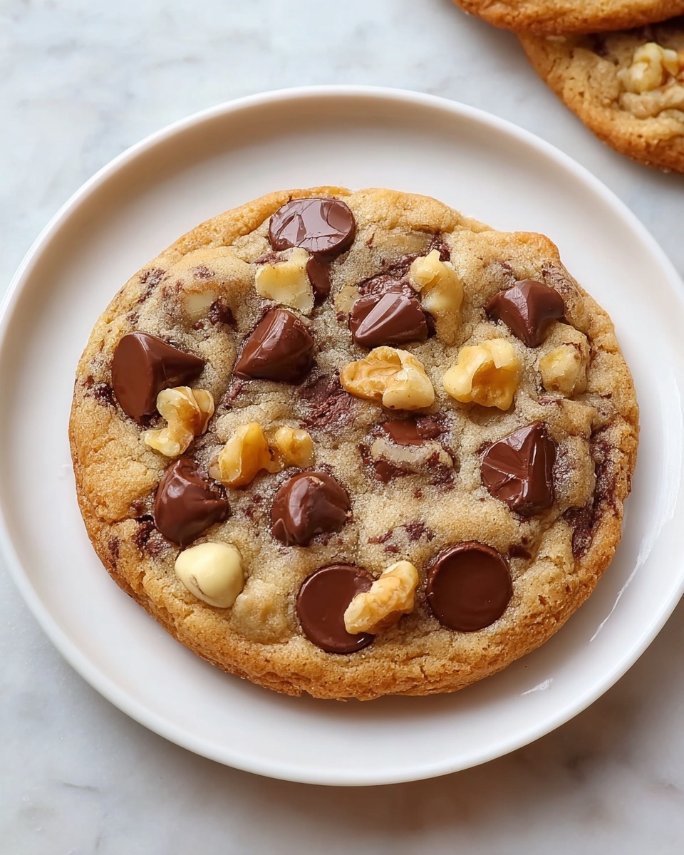Single white plate with one freshly baked chocolate chip and walnut cookie showing a close-up view of its golden-brown interior texture with melted chocolate chips and chunks of walnut embedded inside, slight crumbly edges visible, natural light highlighting the rich details, placed on white marble surface, intimate plated serving photo taken with an iphone --ar 4:5 --v 7