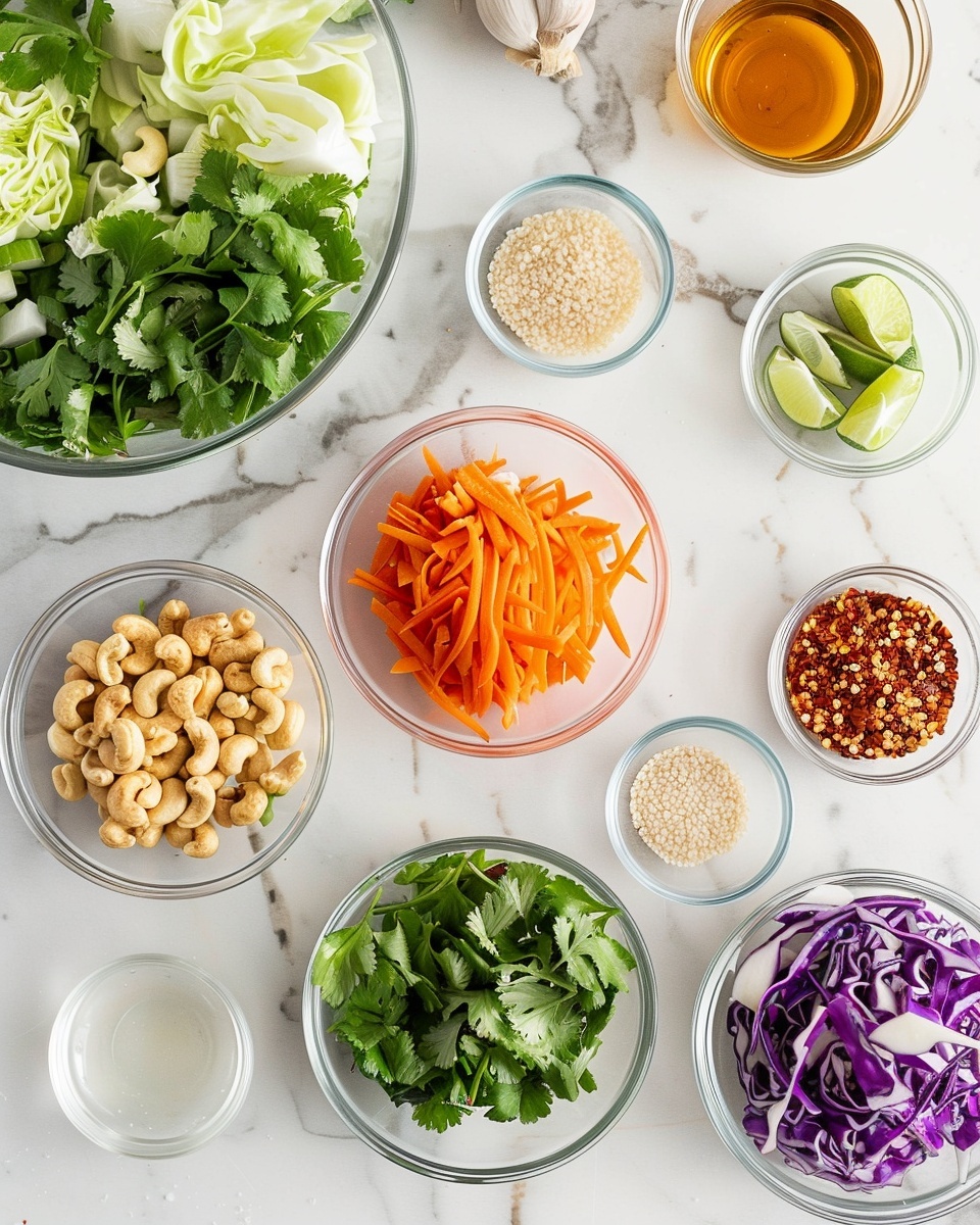 Large white bowl filled with vibrant, fresh Asian-style coleslaw, featuring shredded purple and green cabbage, bright orange carrot ribbons, thin slices of red bell pepper, and chopped cilantro, topped with crushed peanuts and a light dressing, whole dish shown from above on a white marble countertop, natural lighting emphasizing vivid colors, professional food styling photo taken with an iphone --ar 4:5 --v 7