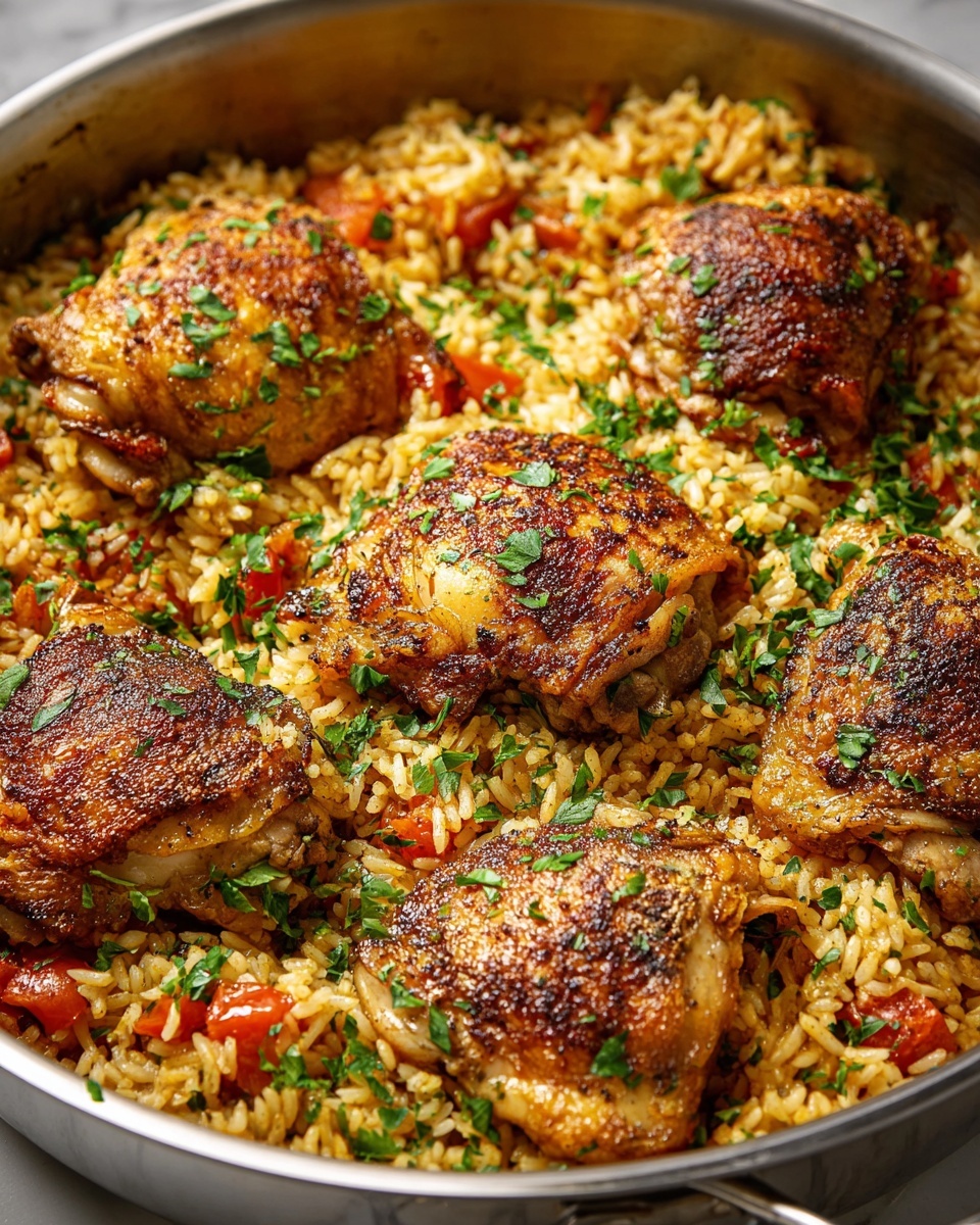 Single white plate displaying one juicy, well-seasoned chicken thigh resting atop a bed of vibrant yellow spiced rice, garnished with finely chopped fresh herbs that add a pop of green contrast; the cross-section of the chicken reveals a tender, moist interior with a perfect crispy brown crust, steam gently rising from the warm serving, photographed from a slightly angled close-up perspective to emphasize texture and layers, set on a white marble surface with natural lighting, styled like a food blog individual serving photo taken with an iphone --ar 4:5 --v 7